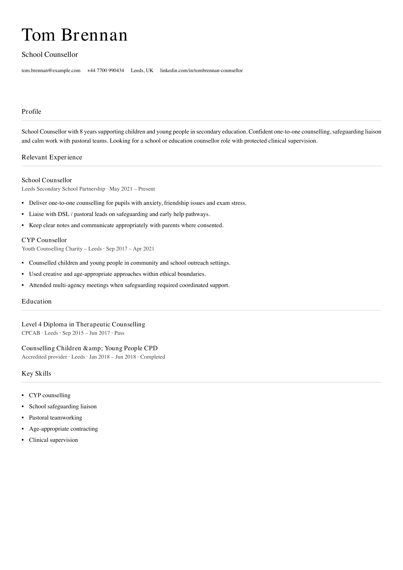 School counsellor CV template
