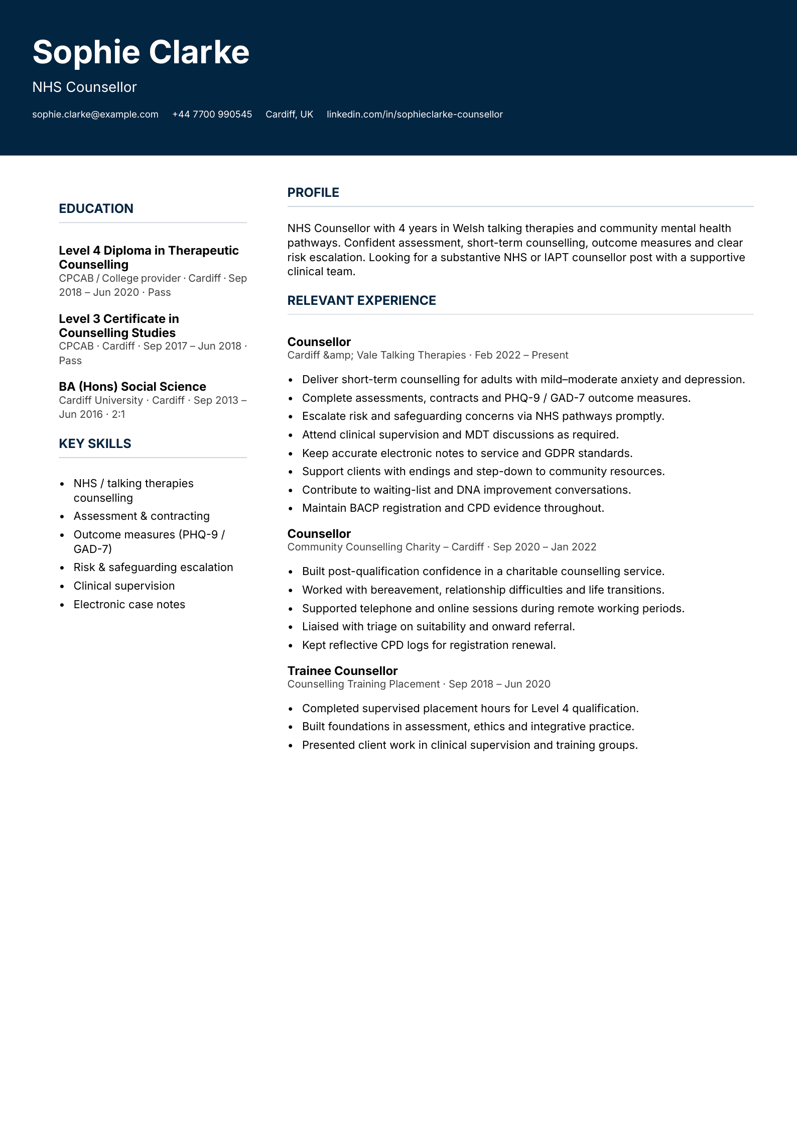 NHS counsellor CV template