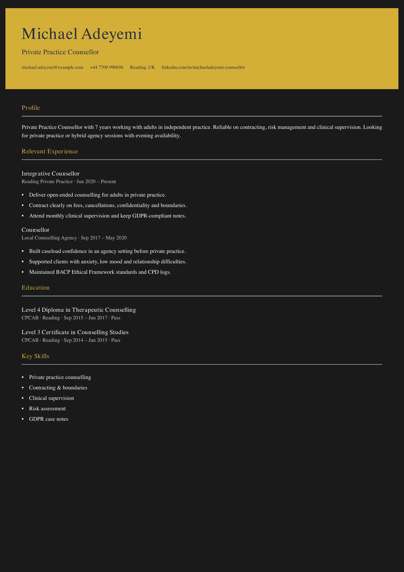 private practice counsellor CV template