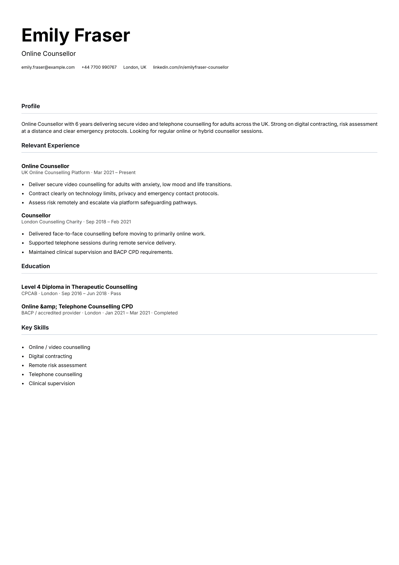 online counsellor CV template