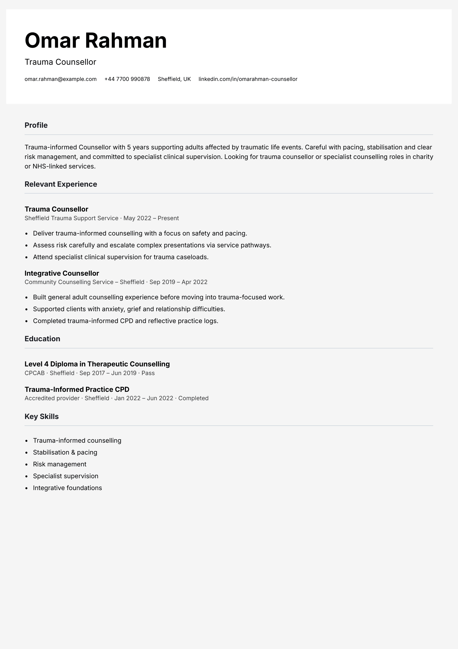 trauma counsellor CV template