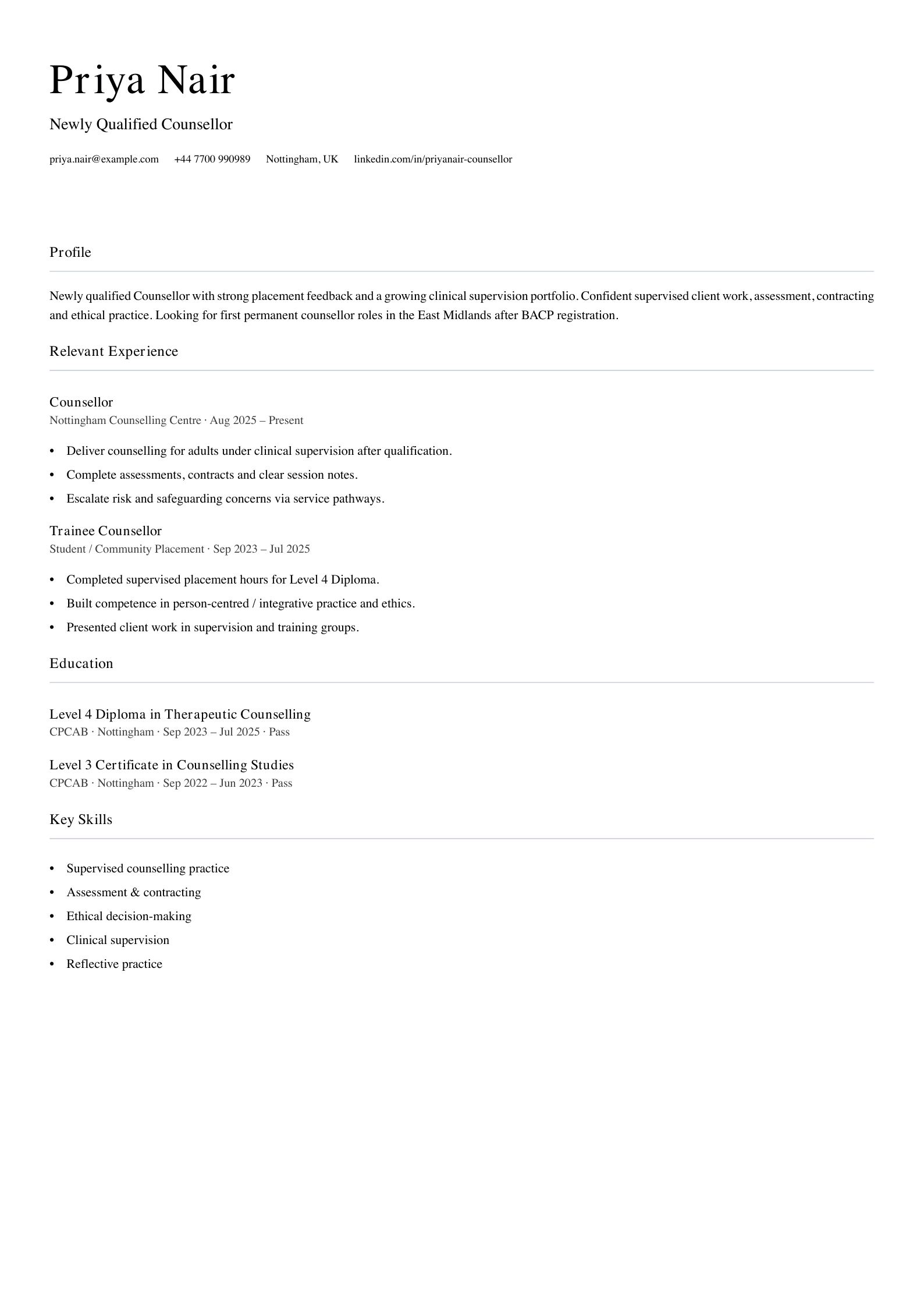 newly qualified counsellor CV template