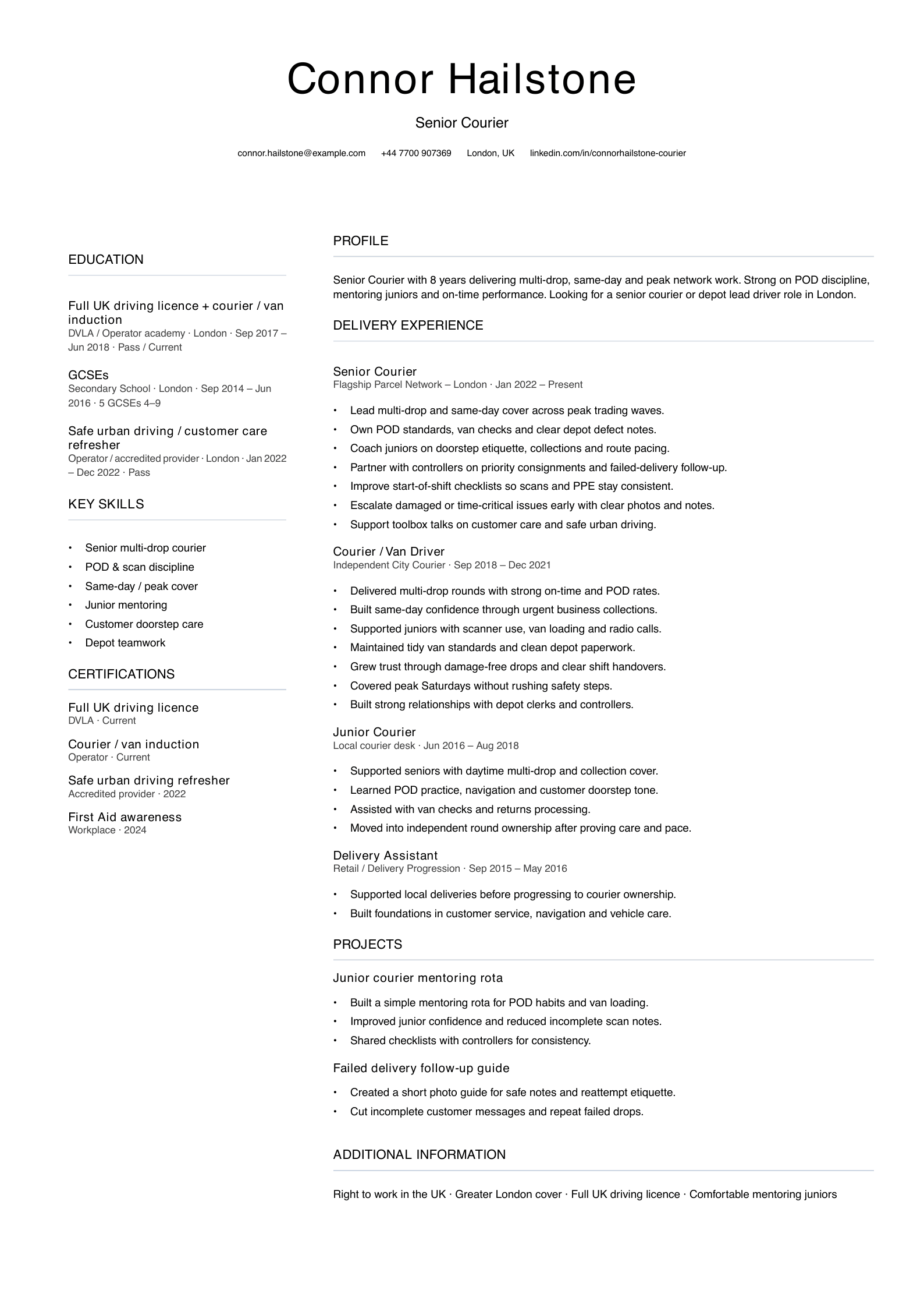 senior courier CV template