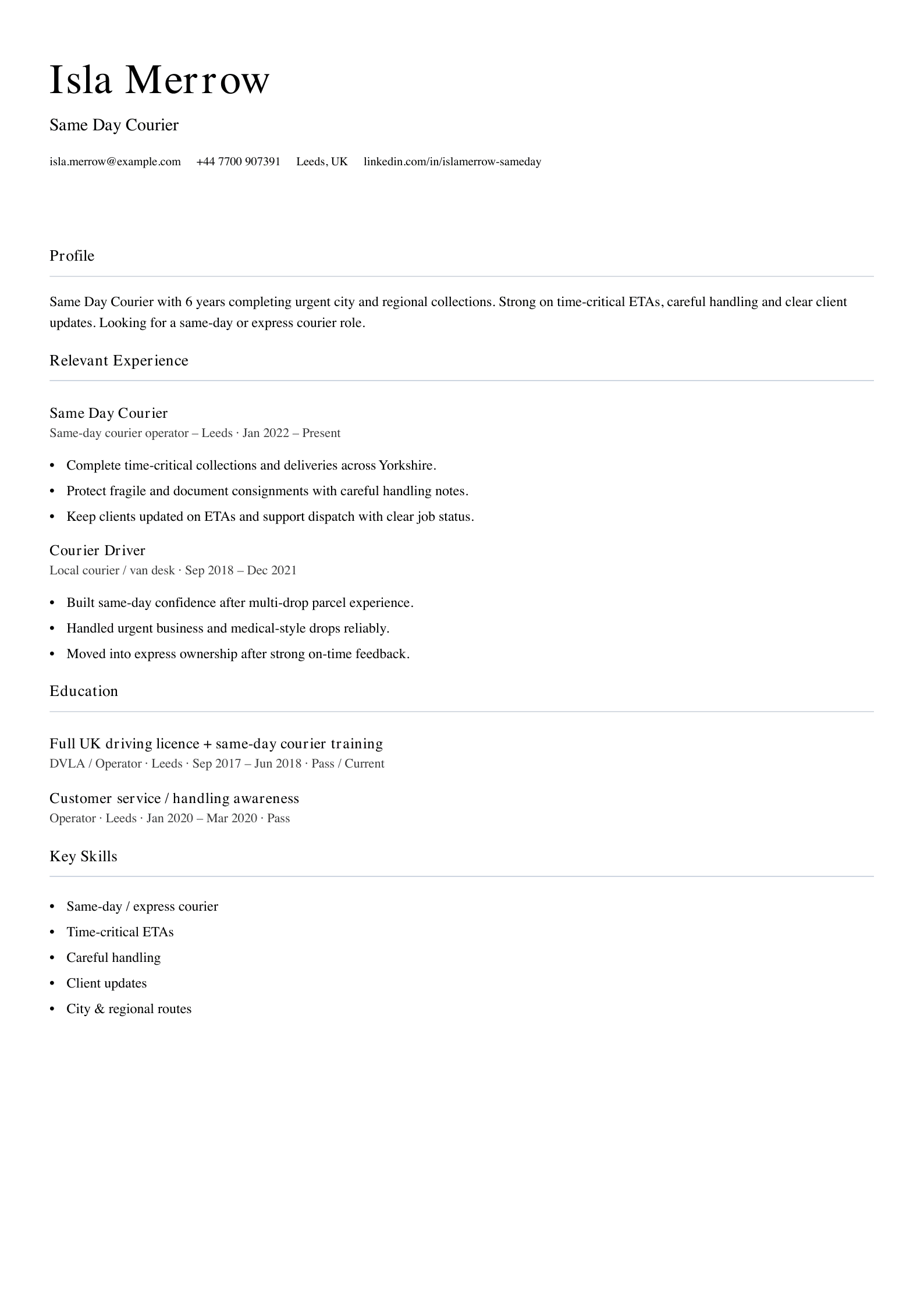 Same day courier CV template