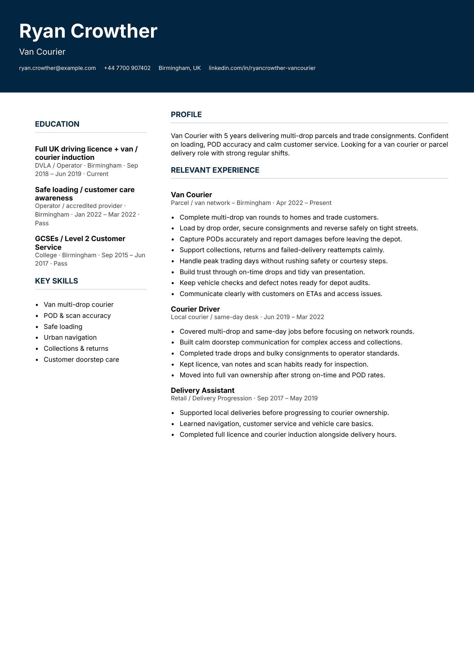 van courier CV template