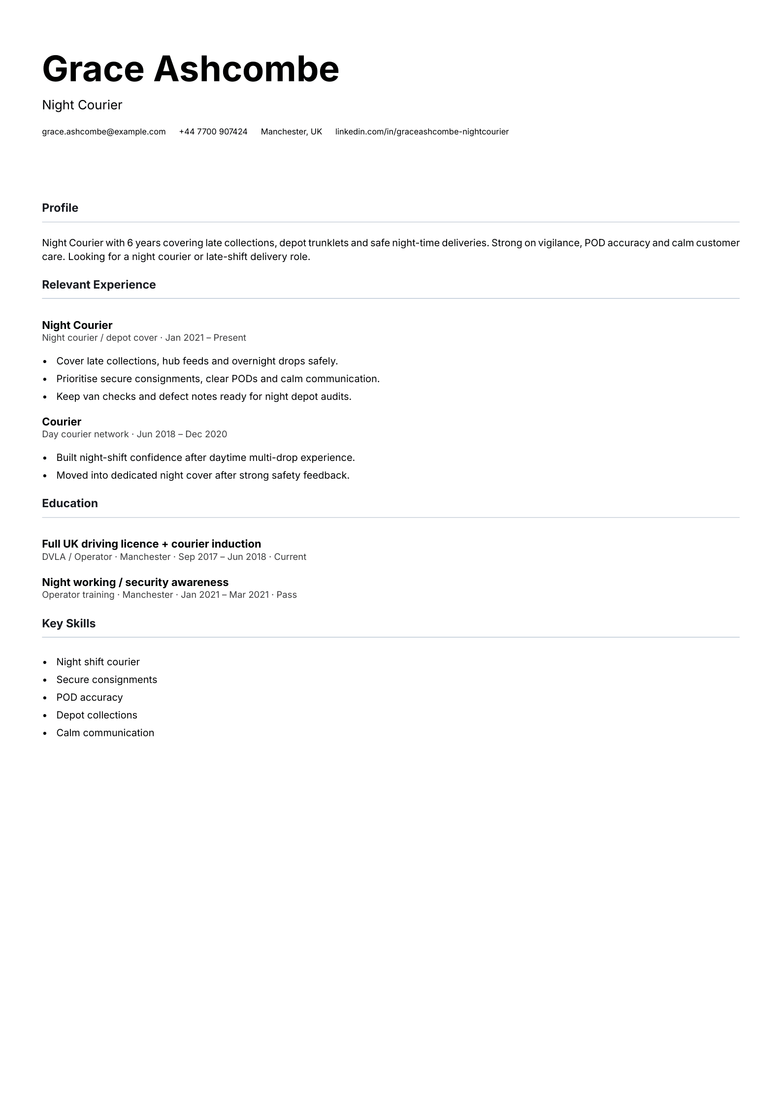 night courier CV template