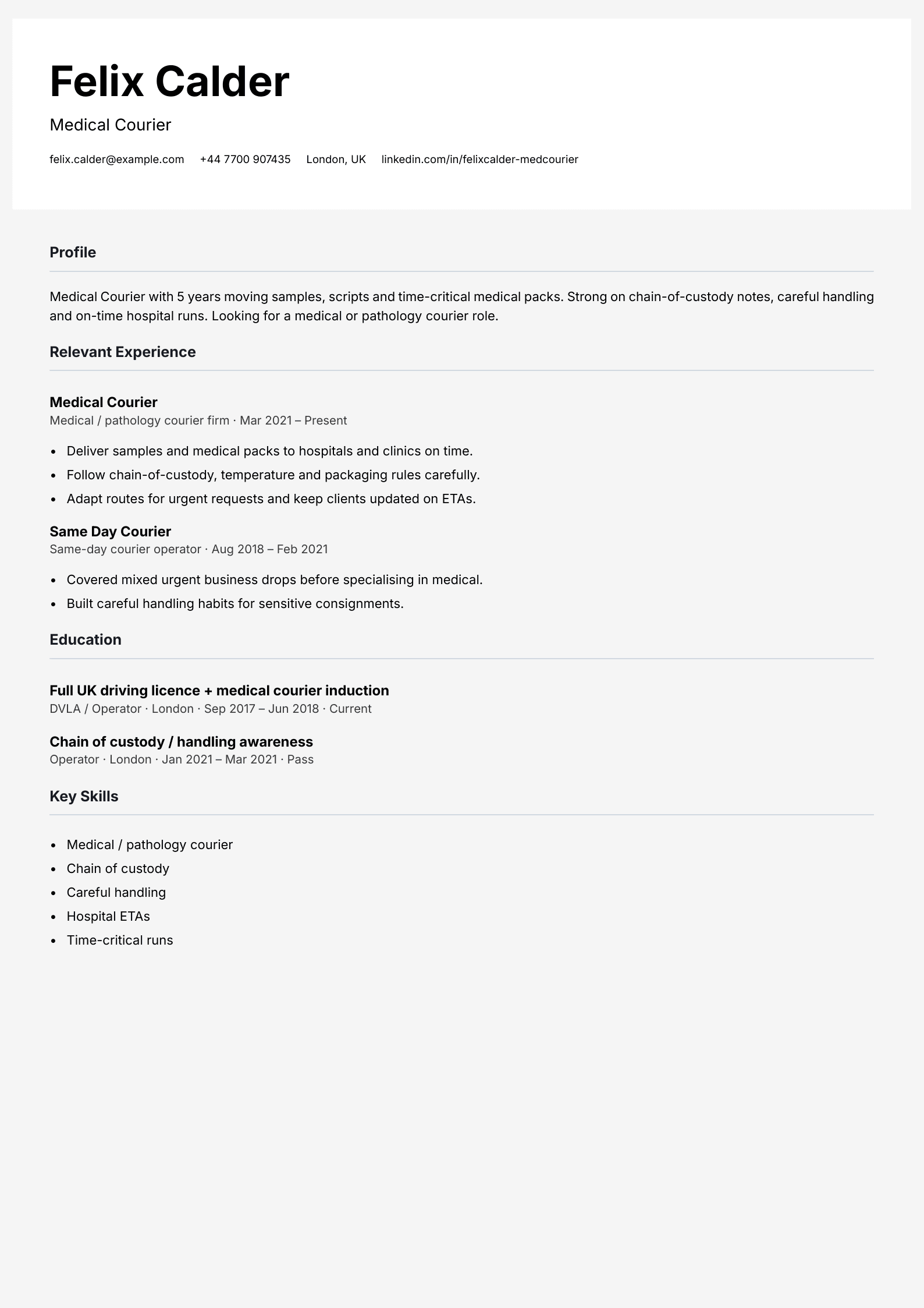 medical courier CV template