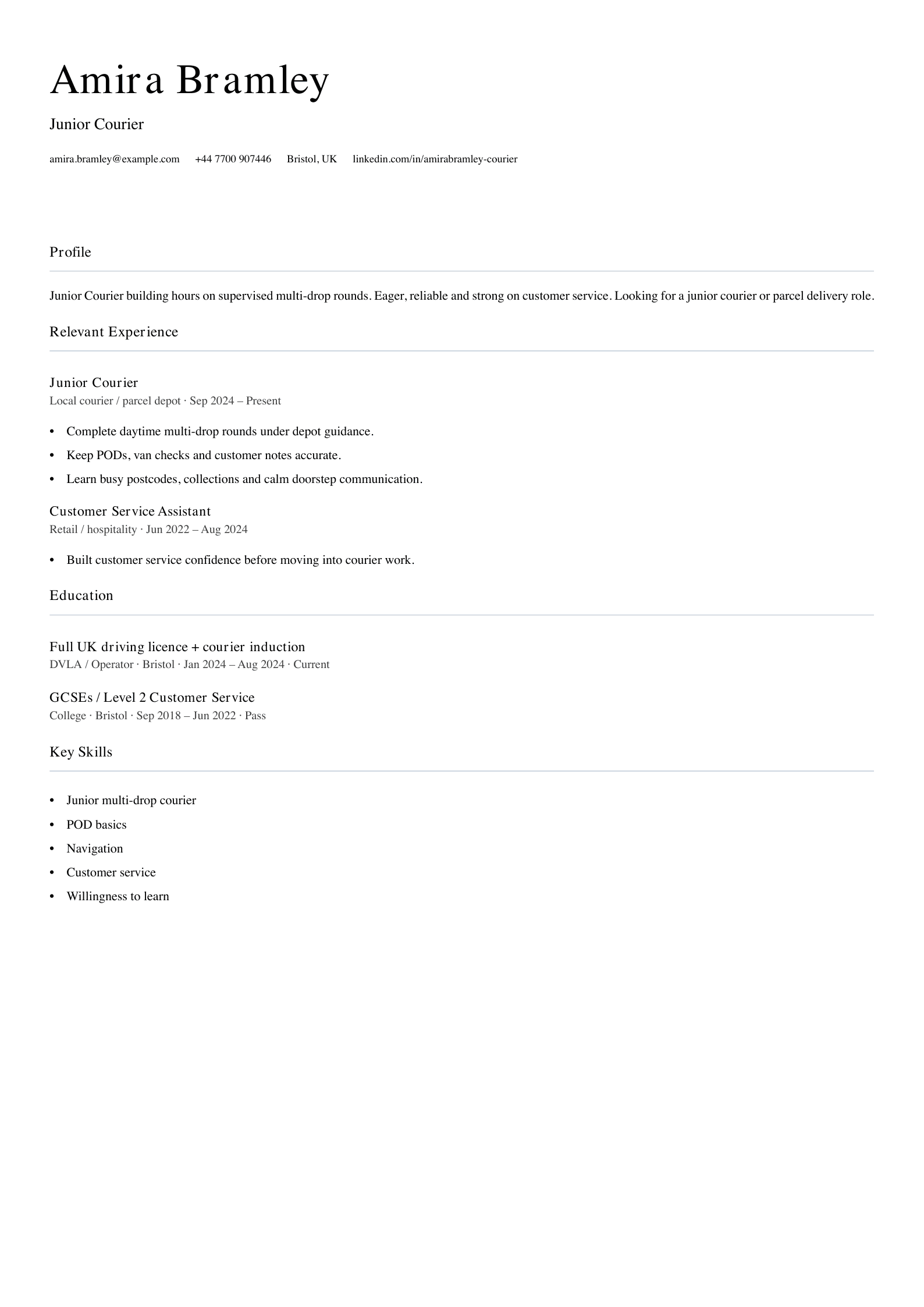 junior courier CV template
