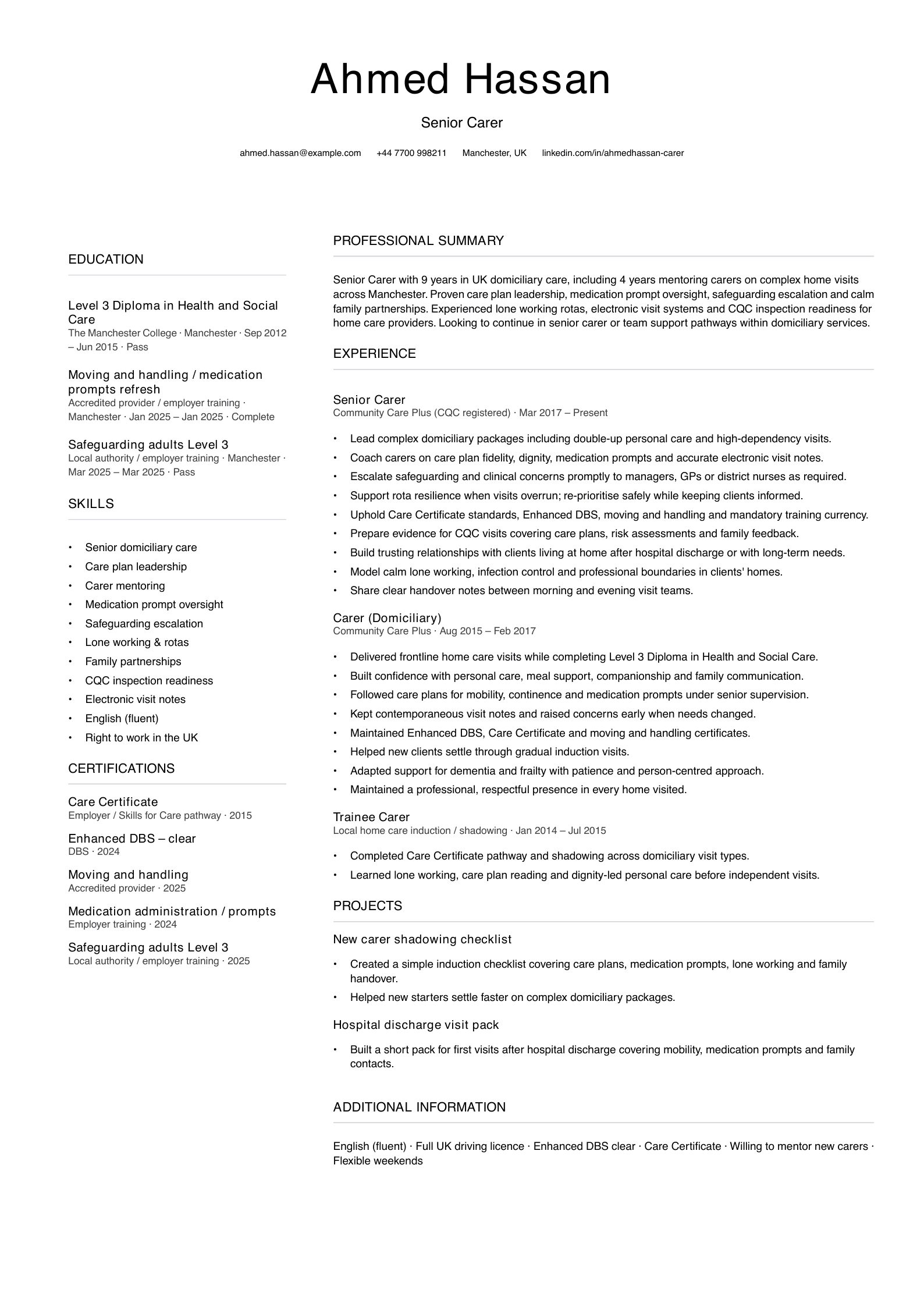 senior carer cv template