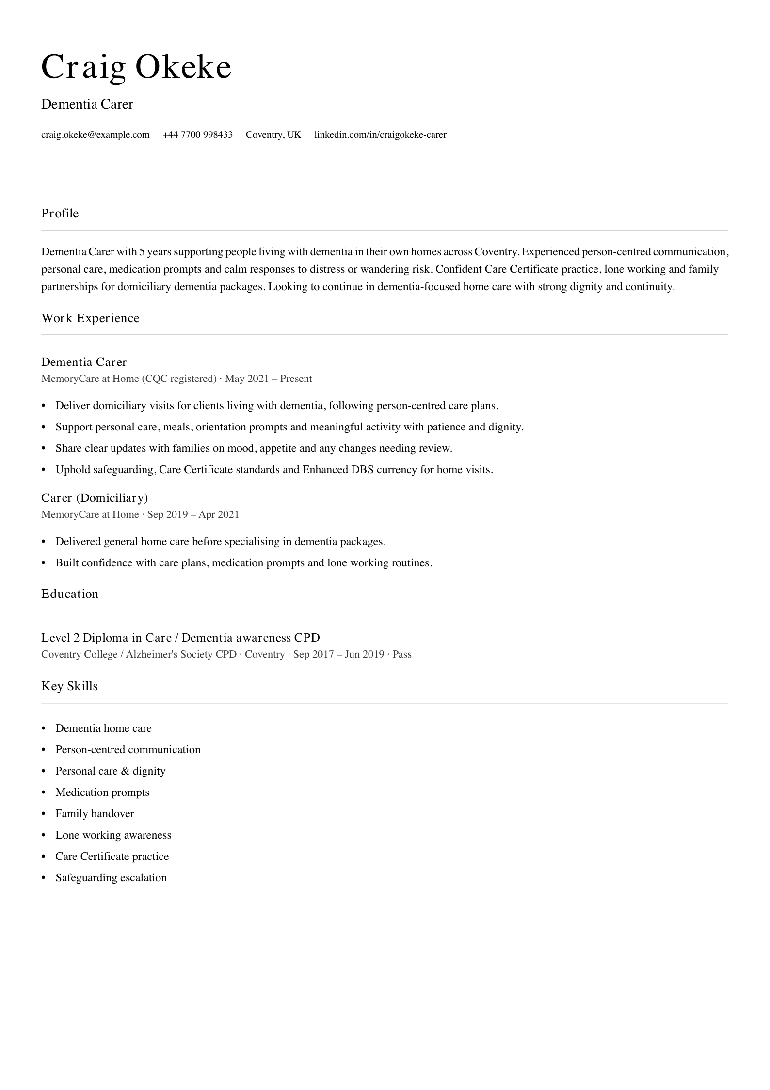 dementia carer cv template