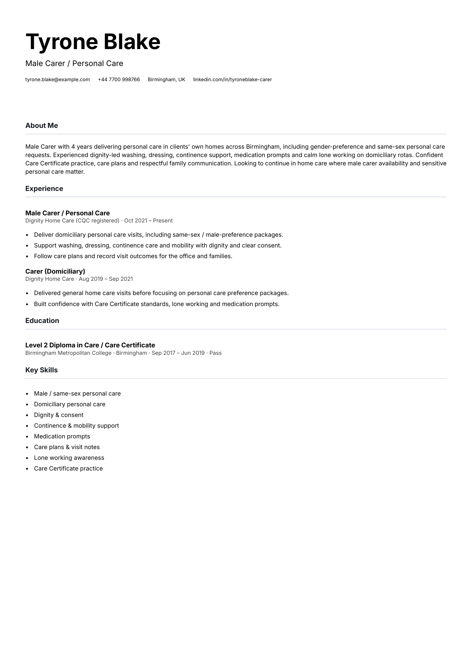 male carer personal care cv template