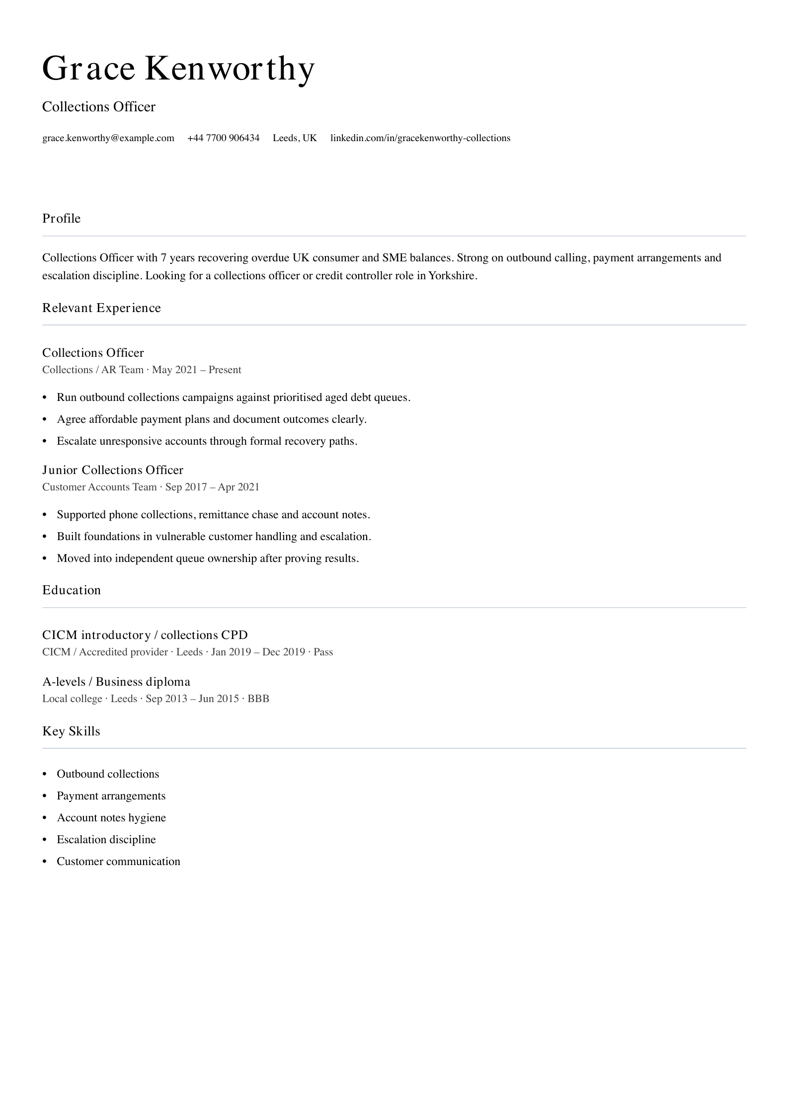 Collections officer CV template