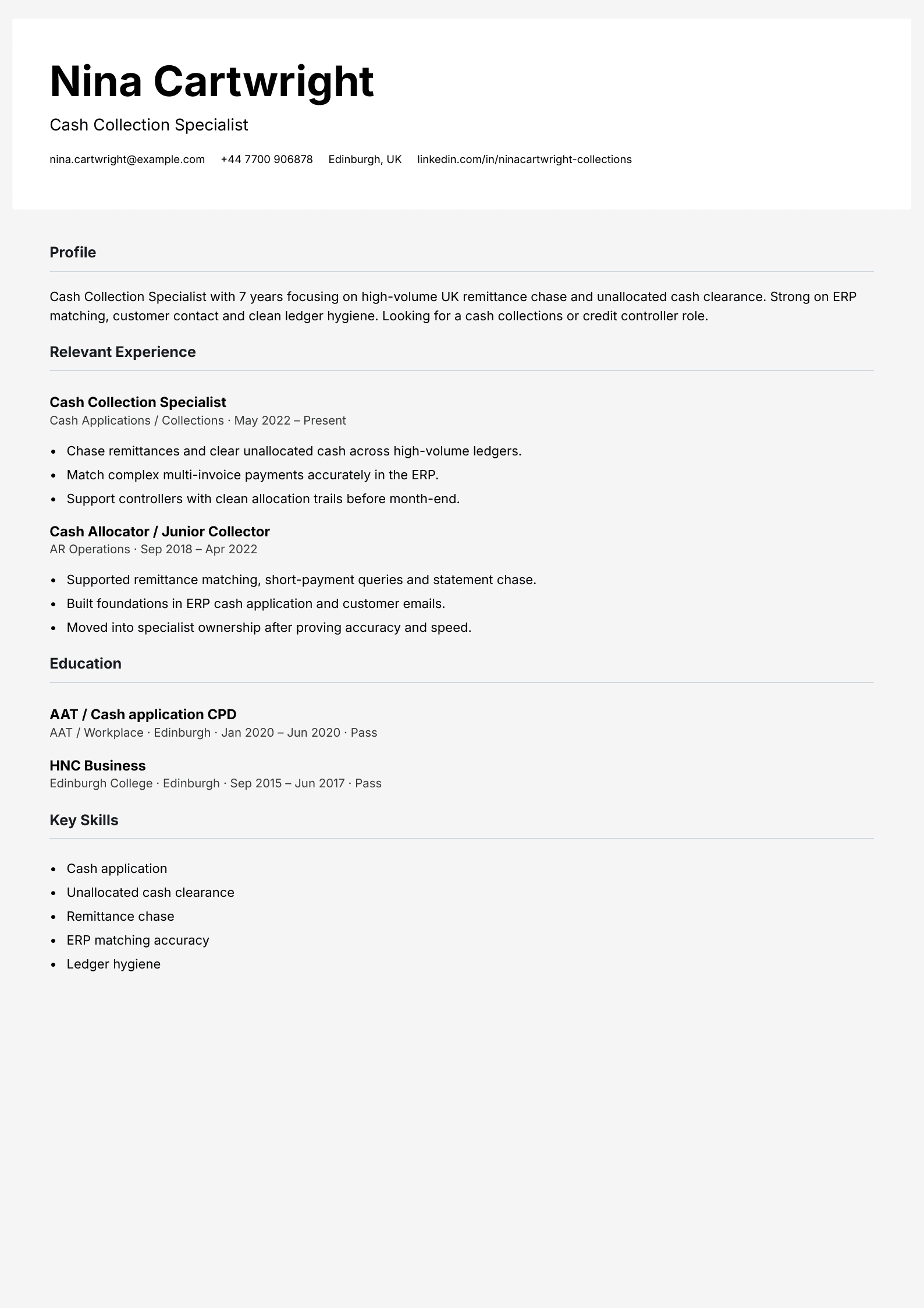 cash collection specialist CV template