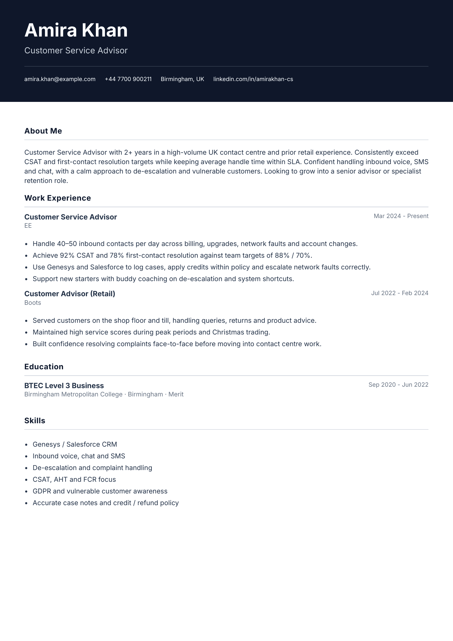 Contact centre advisor CV template