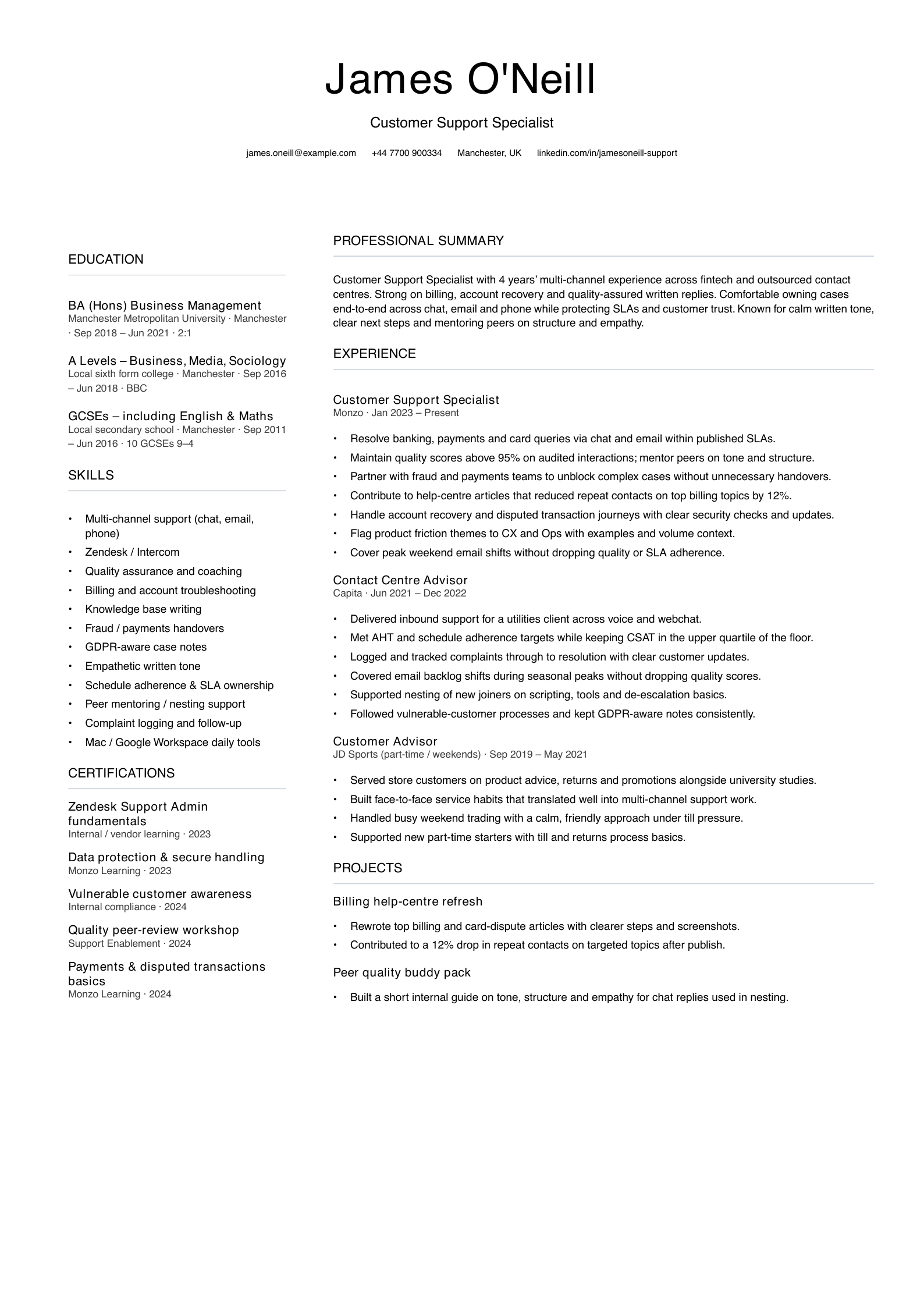 customer support specialist cv template