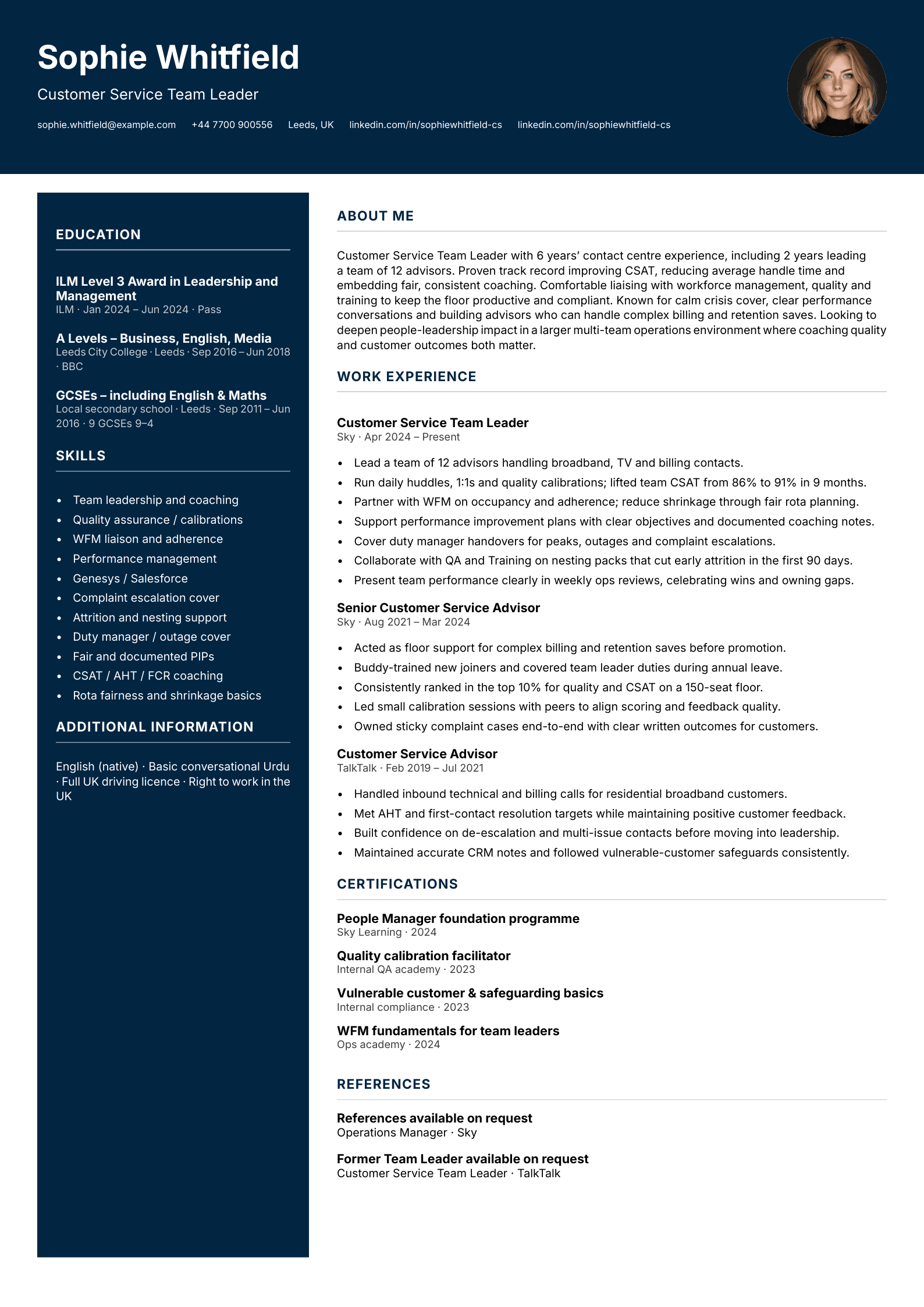Customer service team leader CV template