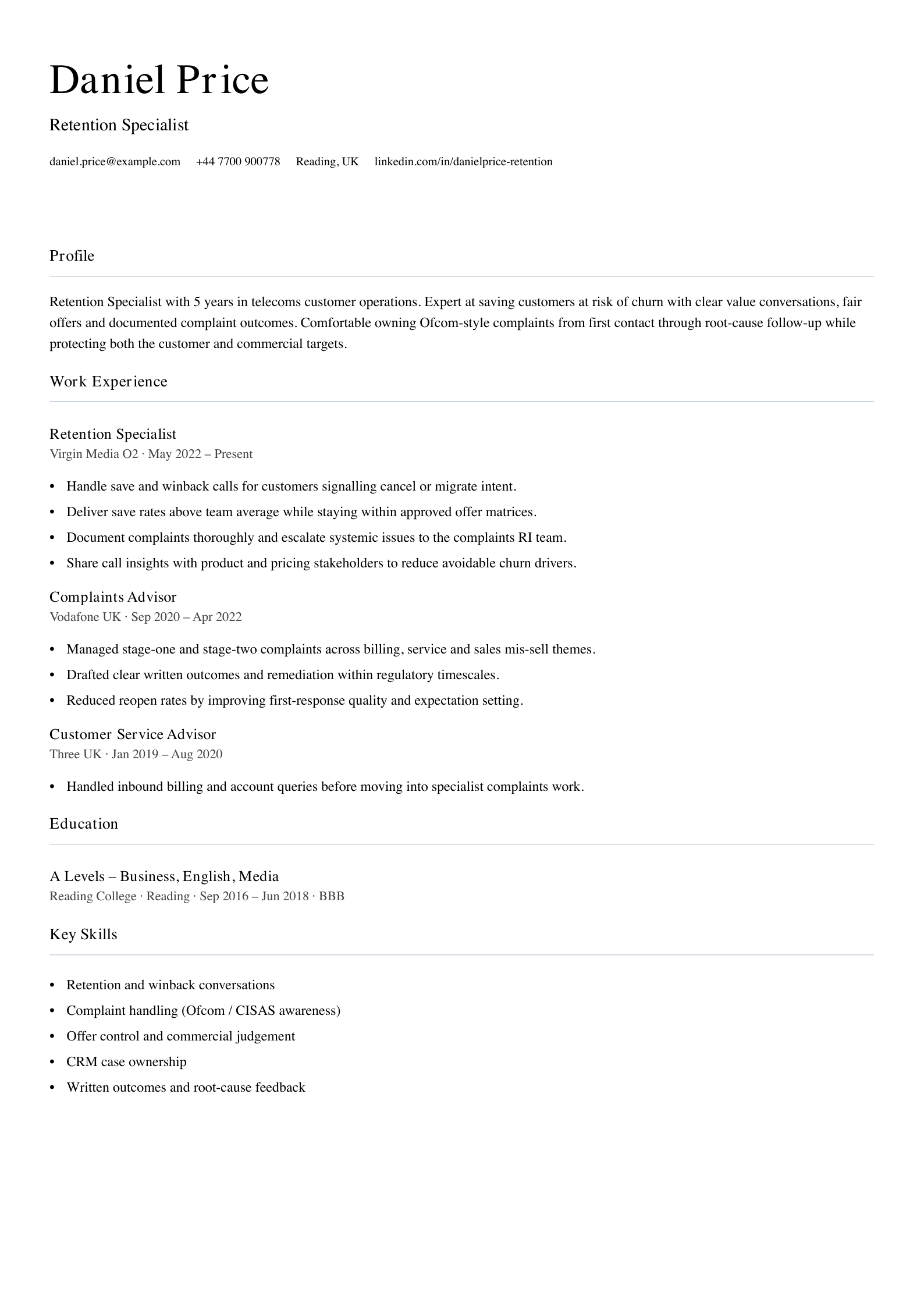 retention specialist cv template