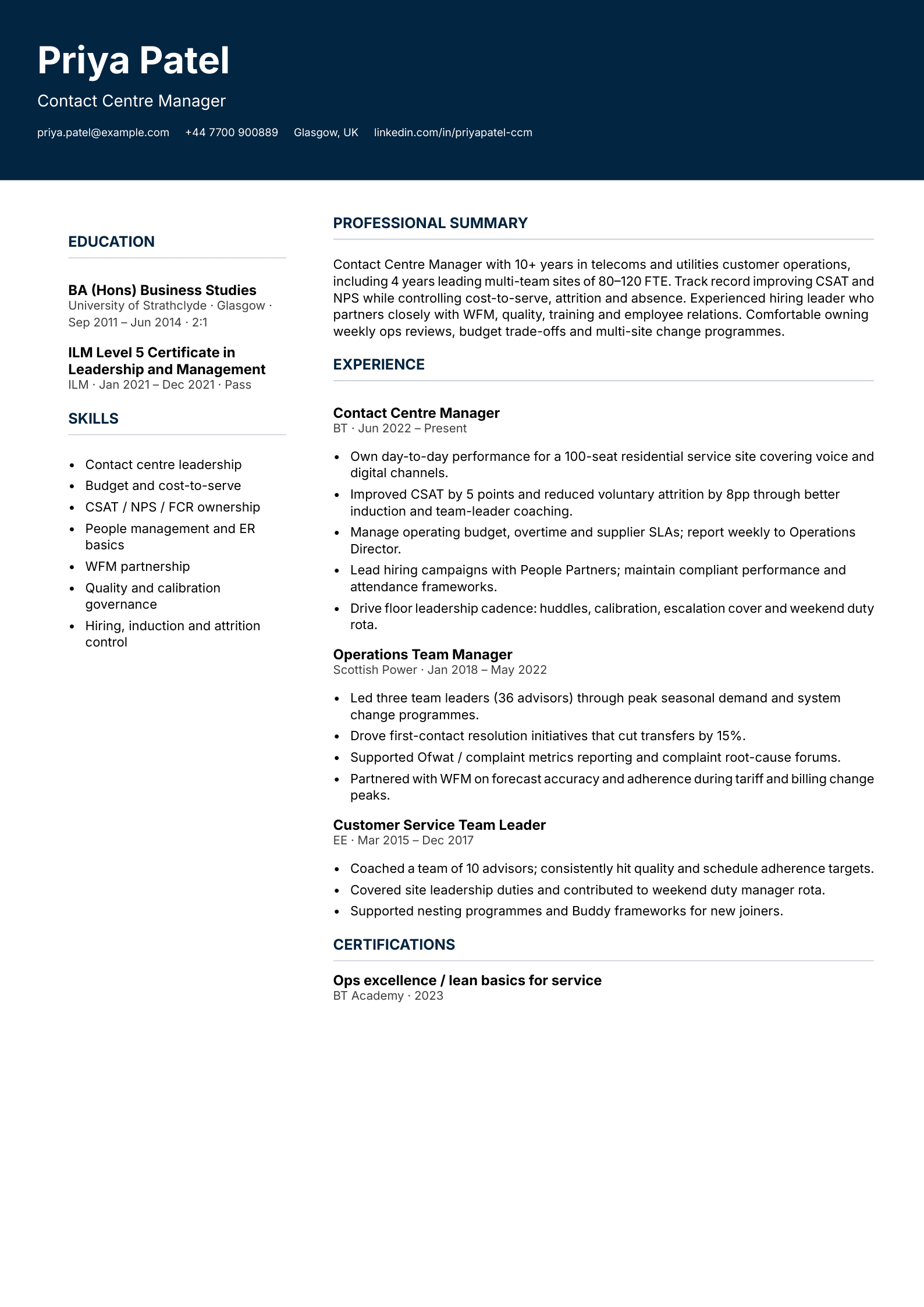 Contact centre manager CV template