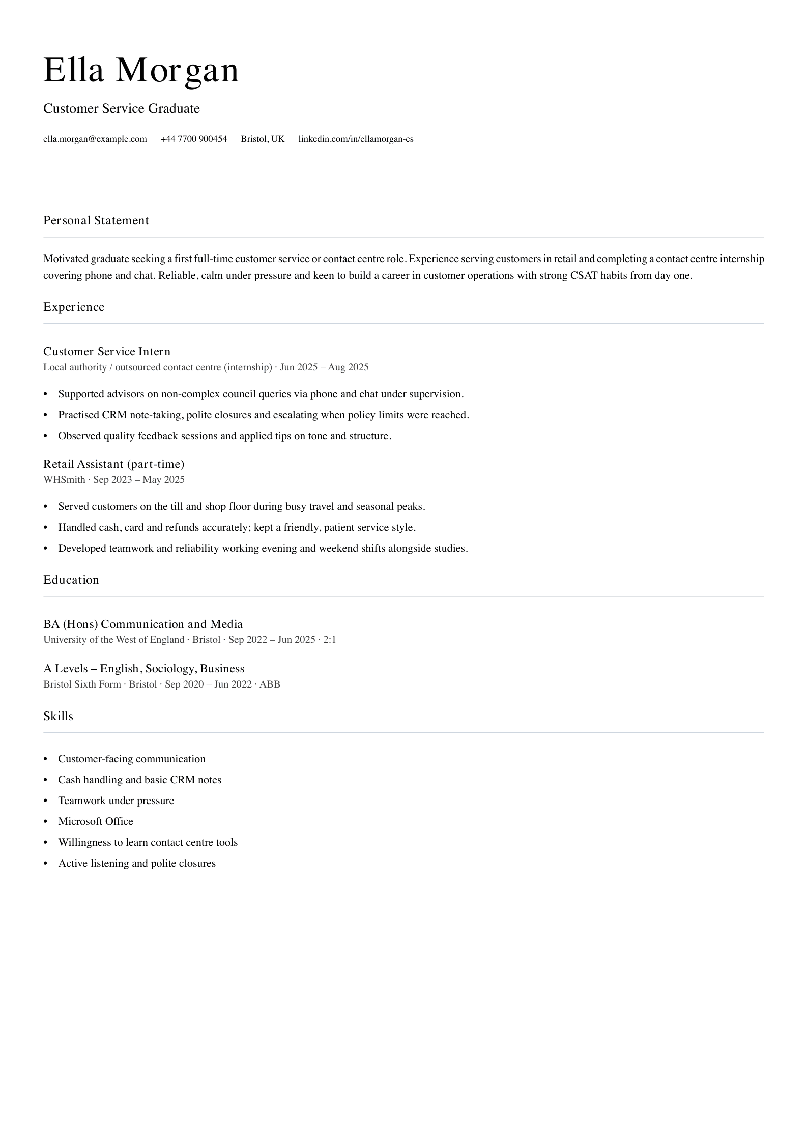 graduate customer service cv template