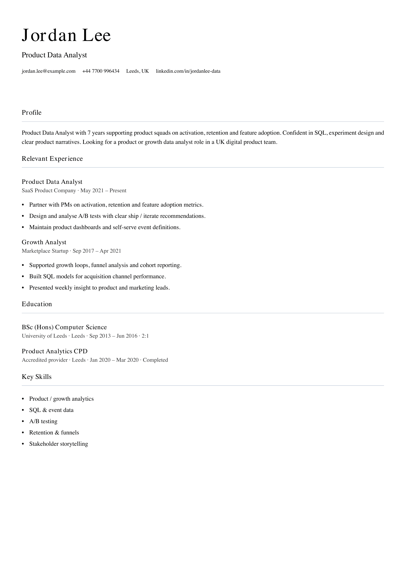 Product data analyst CV template