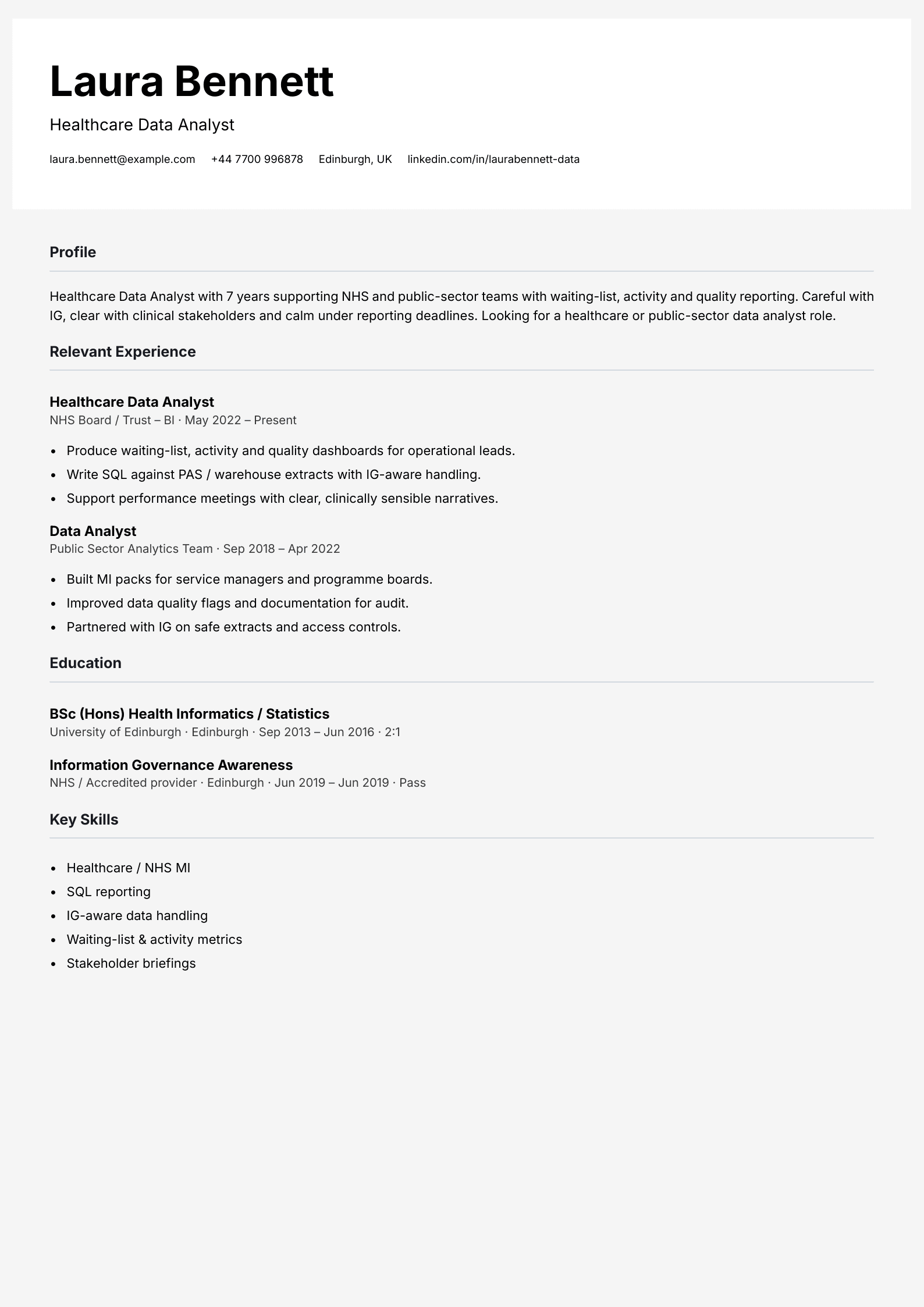 healthcare data analyst CV template