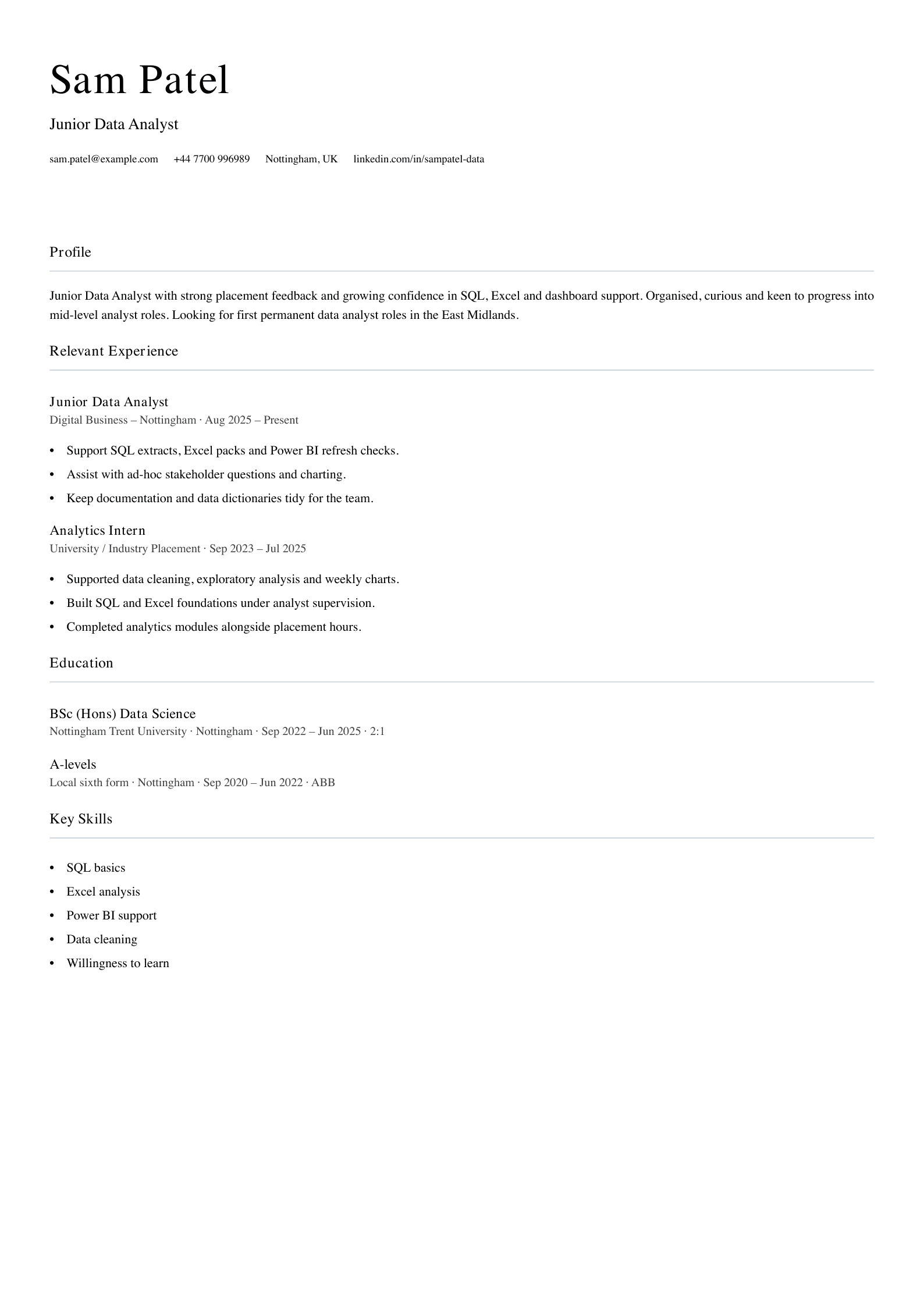 junior data analyst CV template