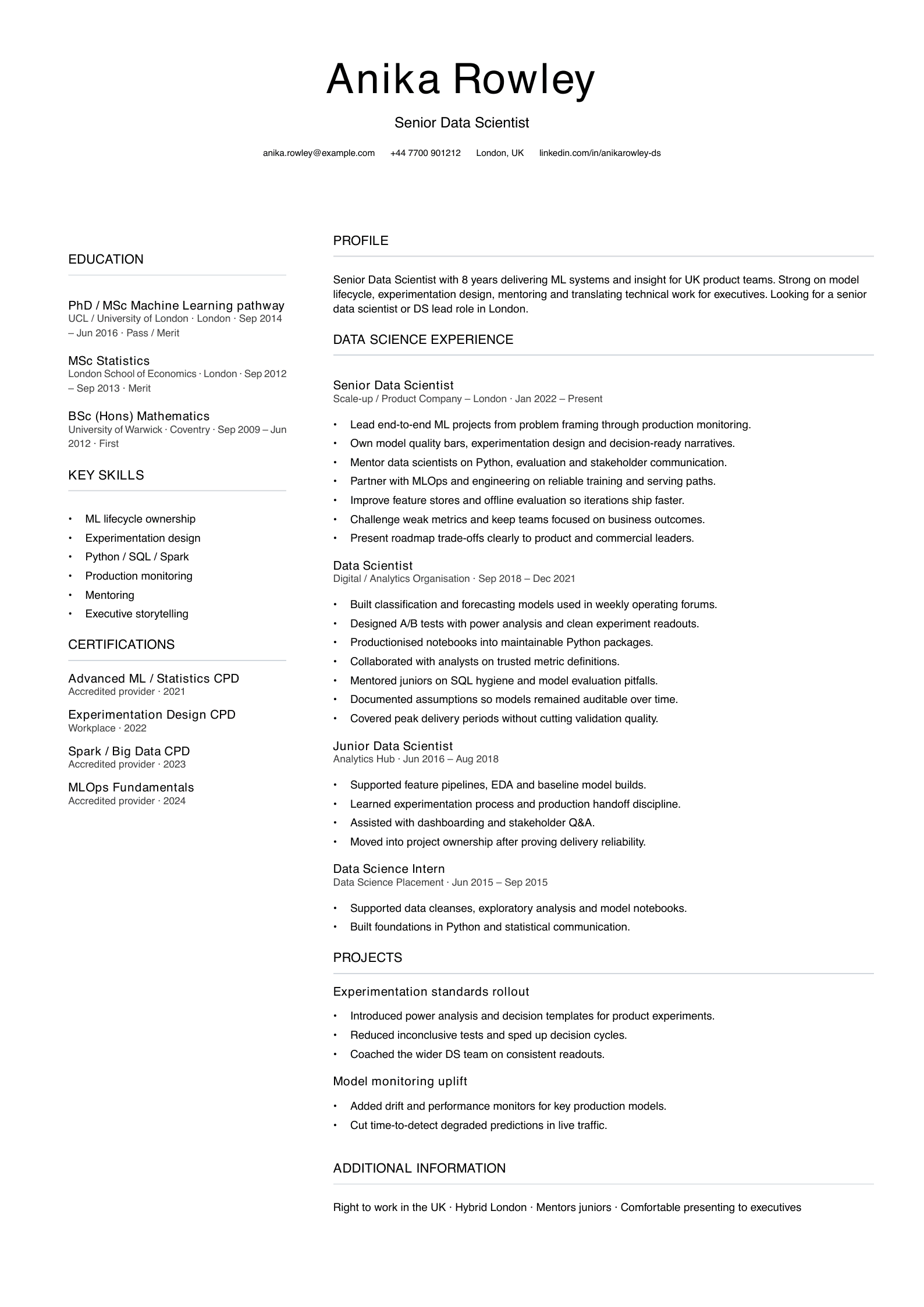 senior data scientist CV template