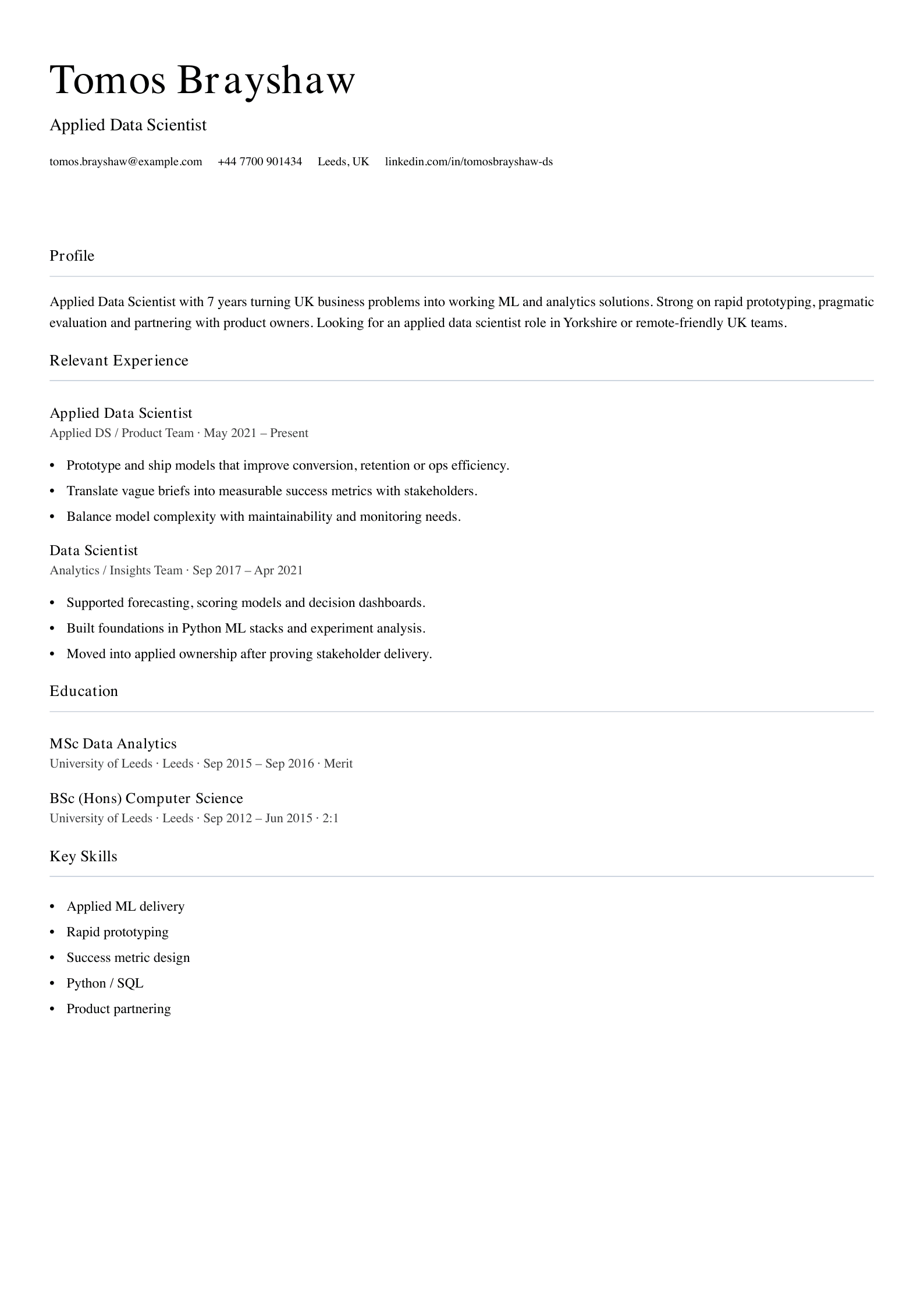 Applied data scientist CV template