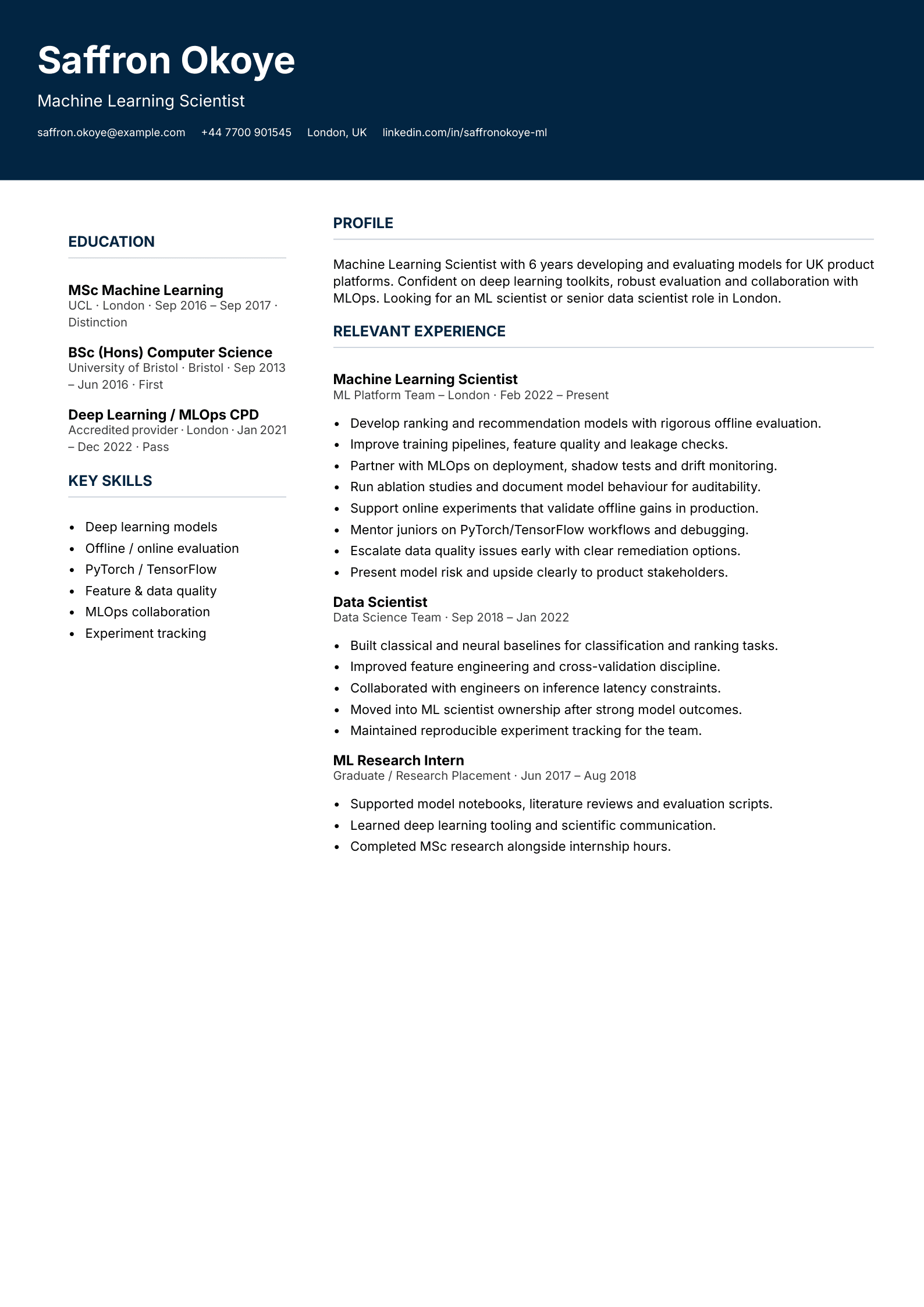 machine learning scientist CV template