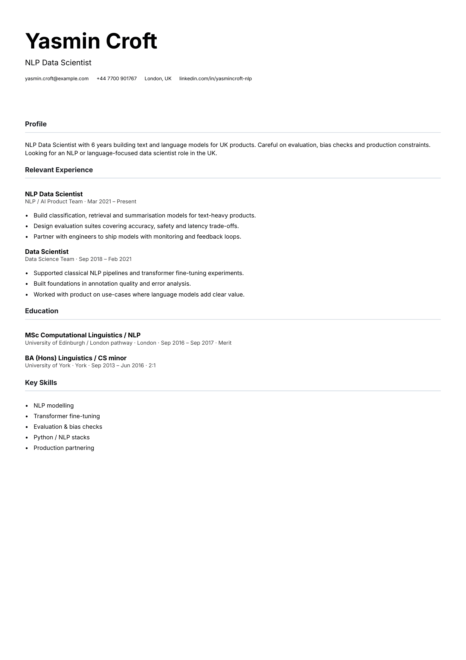 NLP data scientist CV template
