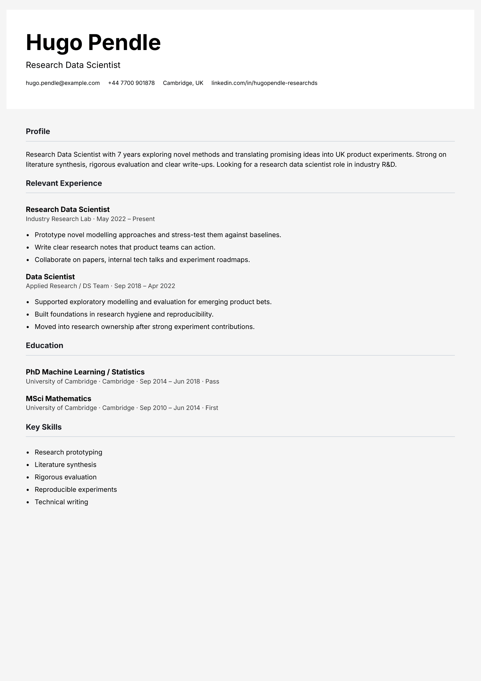 research data scientist CV template