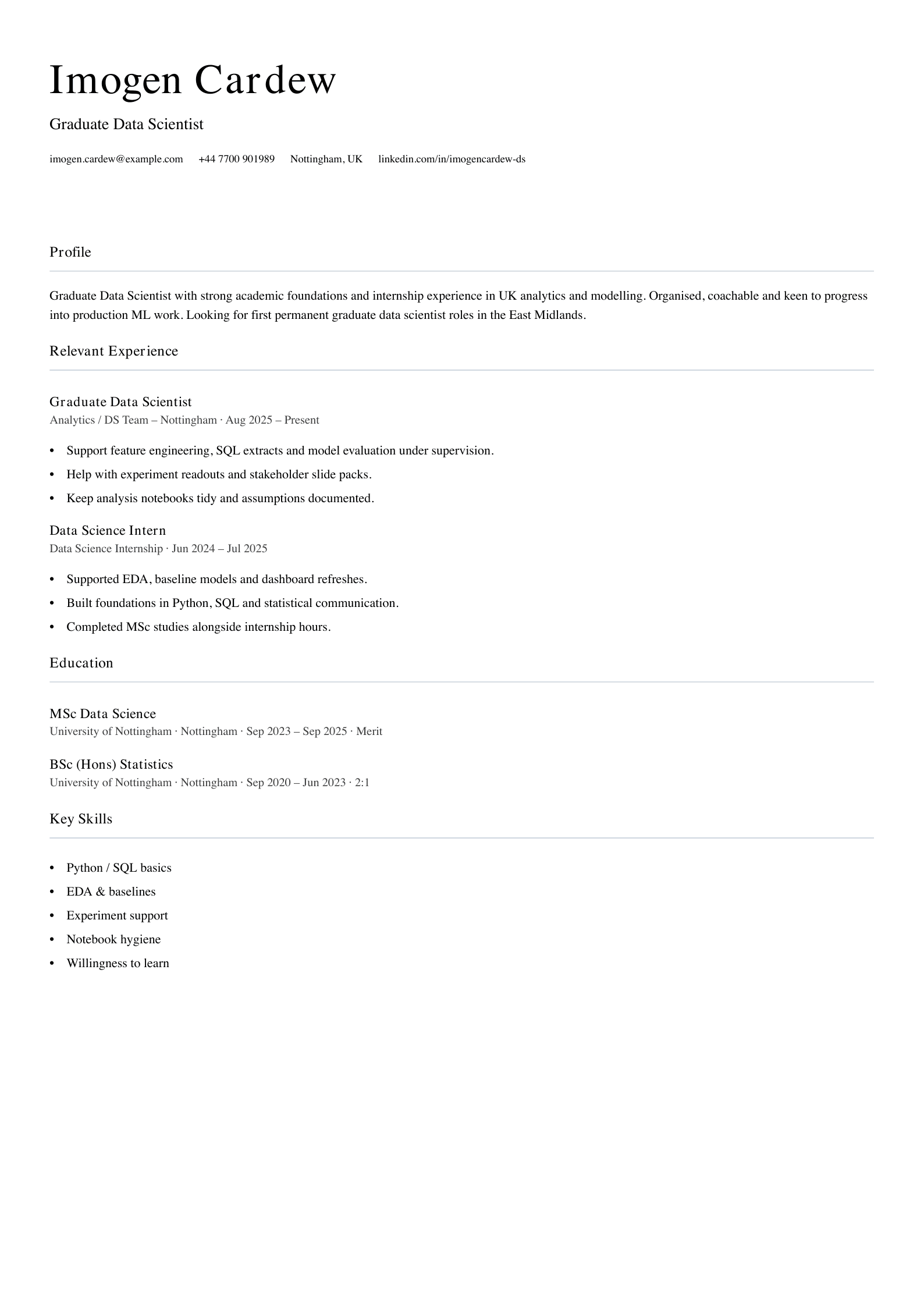 graduate data scientist CV template