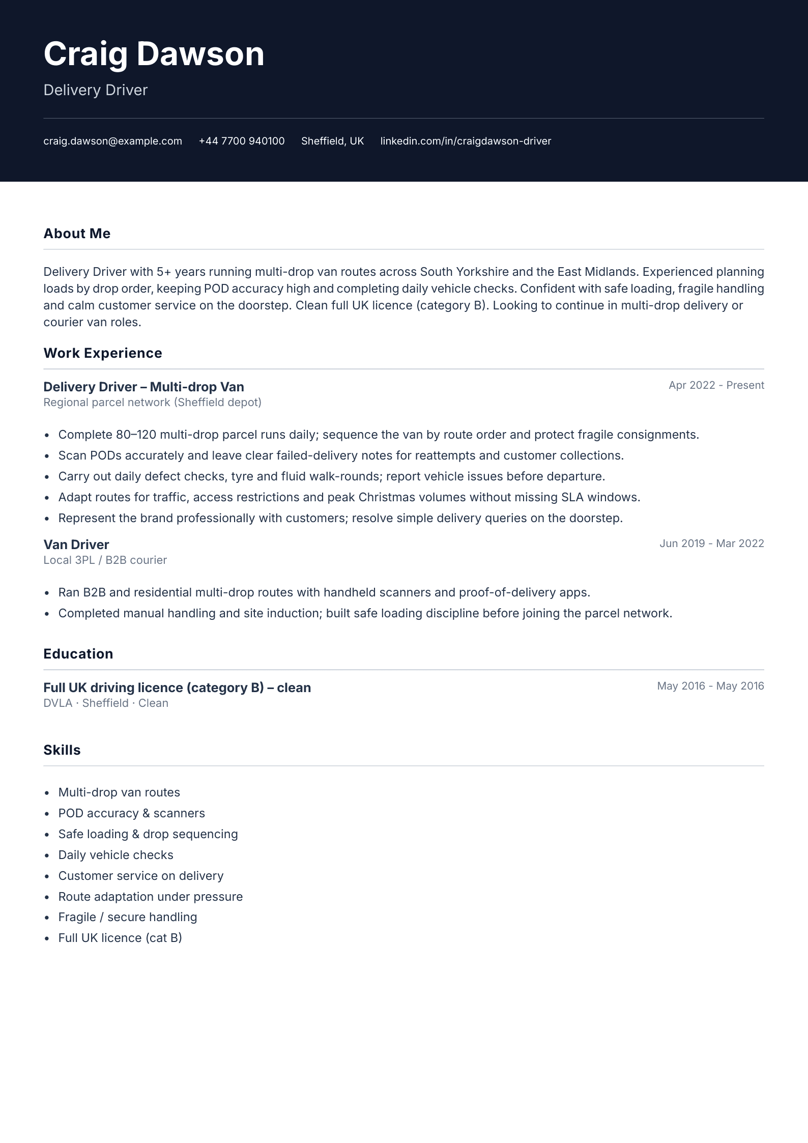 Delivery driver CV template