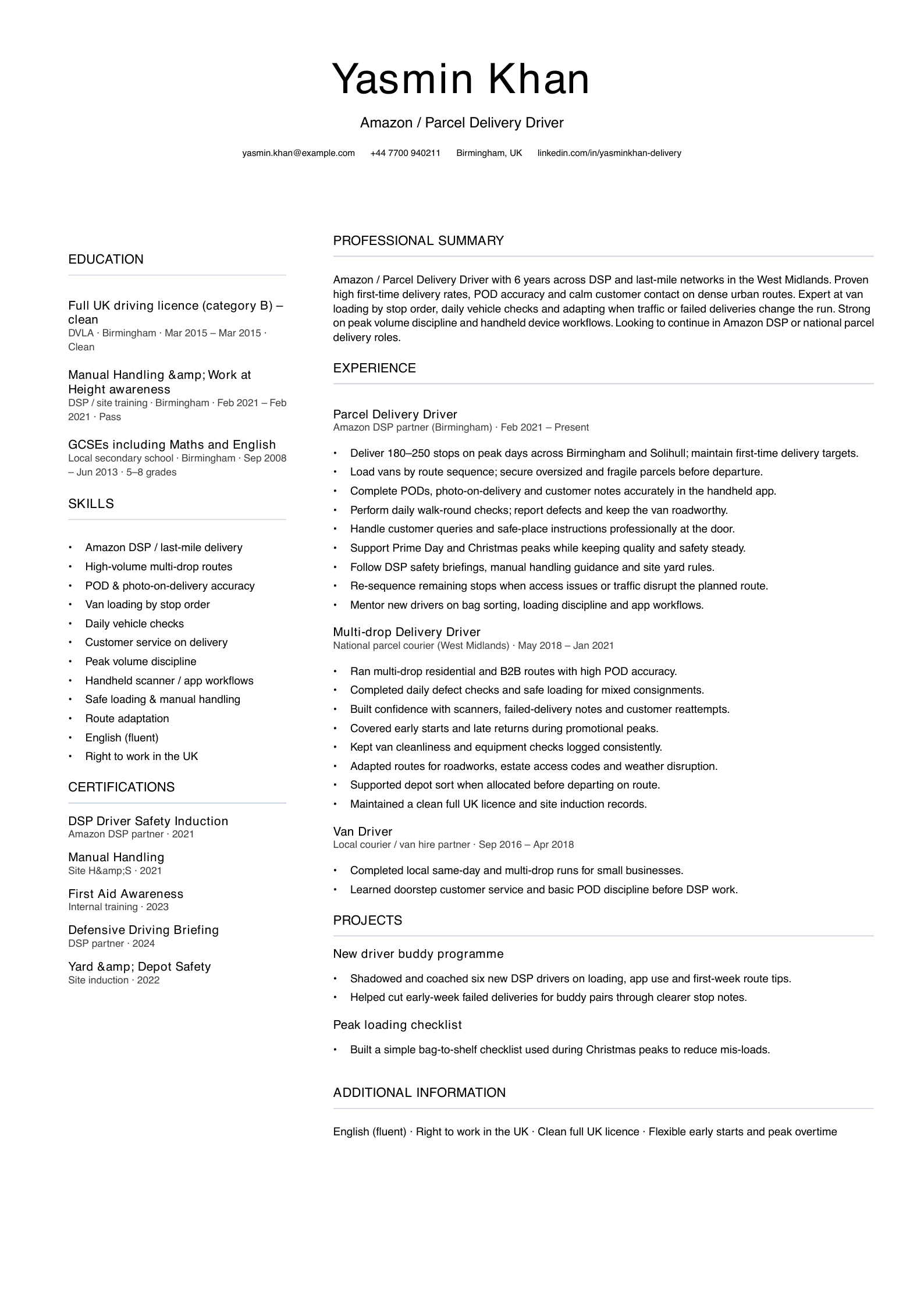 amazon parcel delivery driver cv template