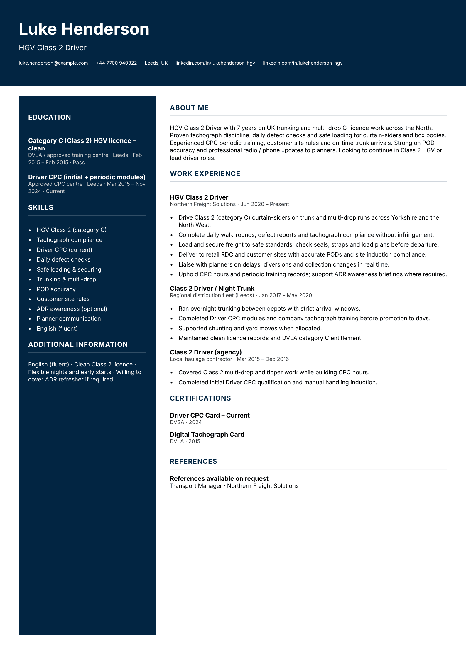 HGV Class 2 driver CV template