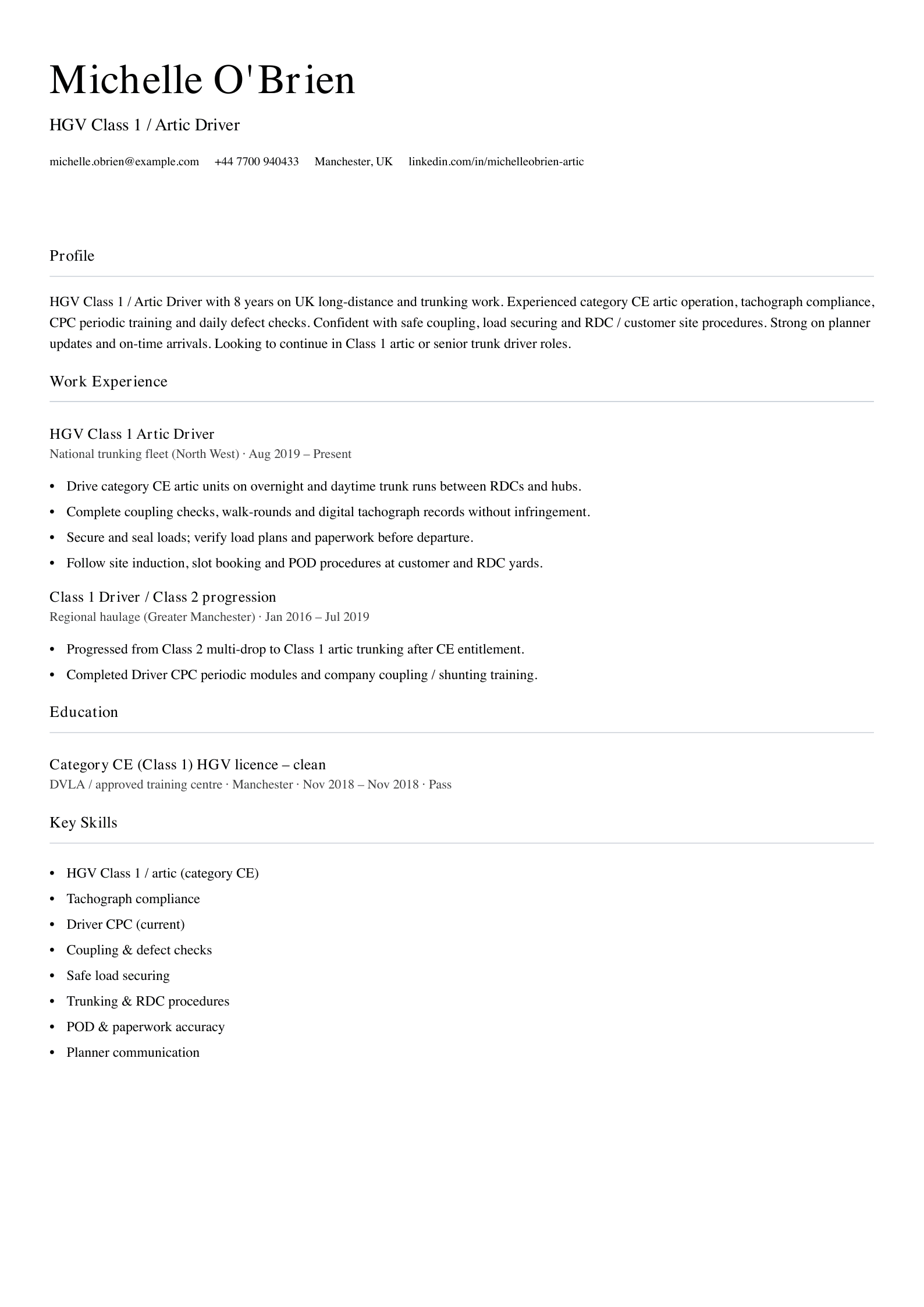 hgv class 1 artic driver cv template