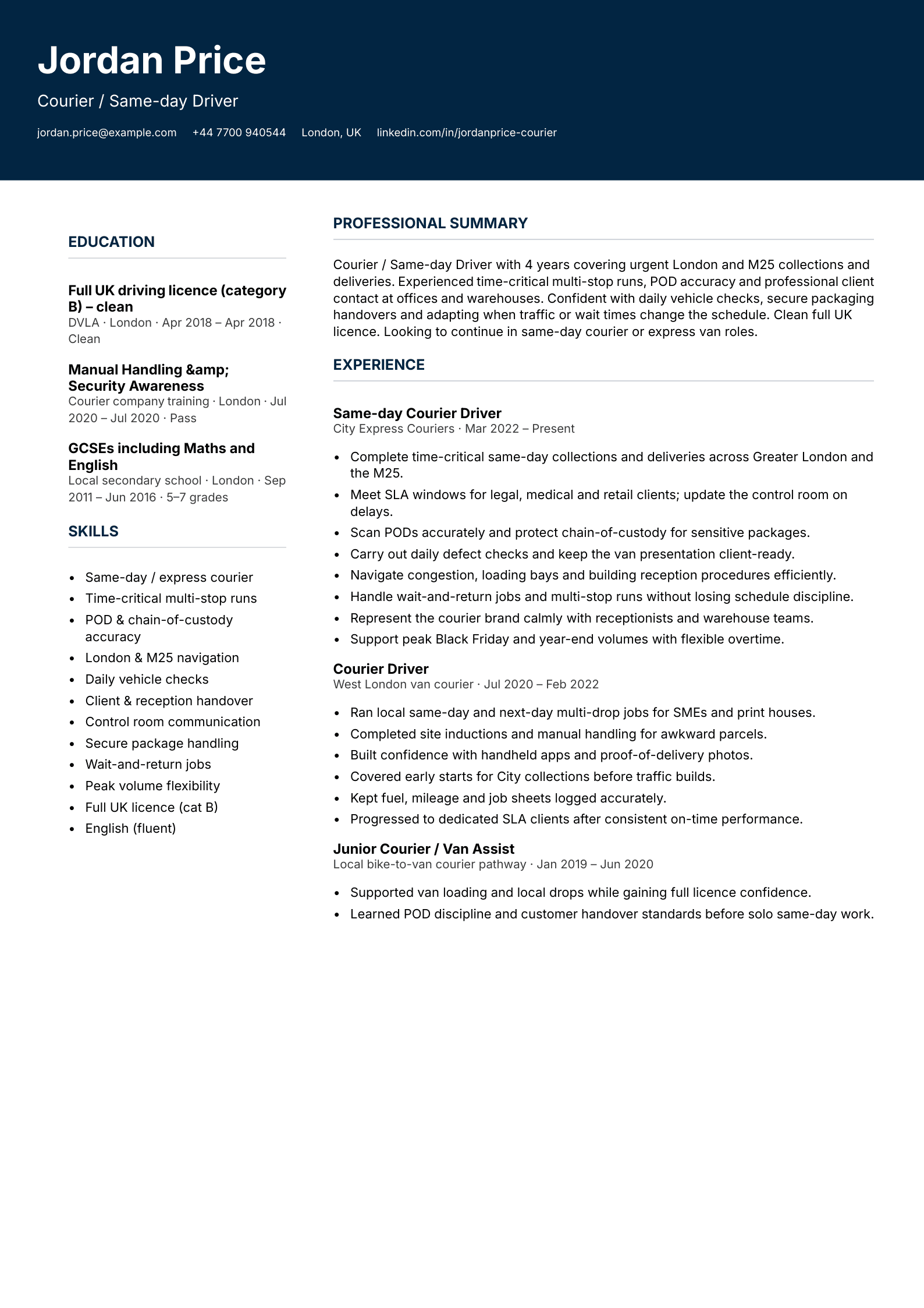 Courier same-day driver CV template