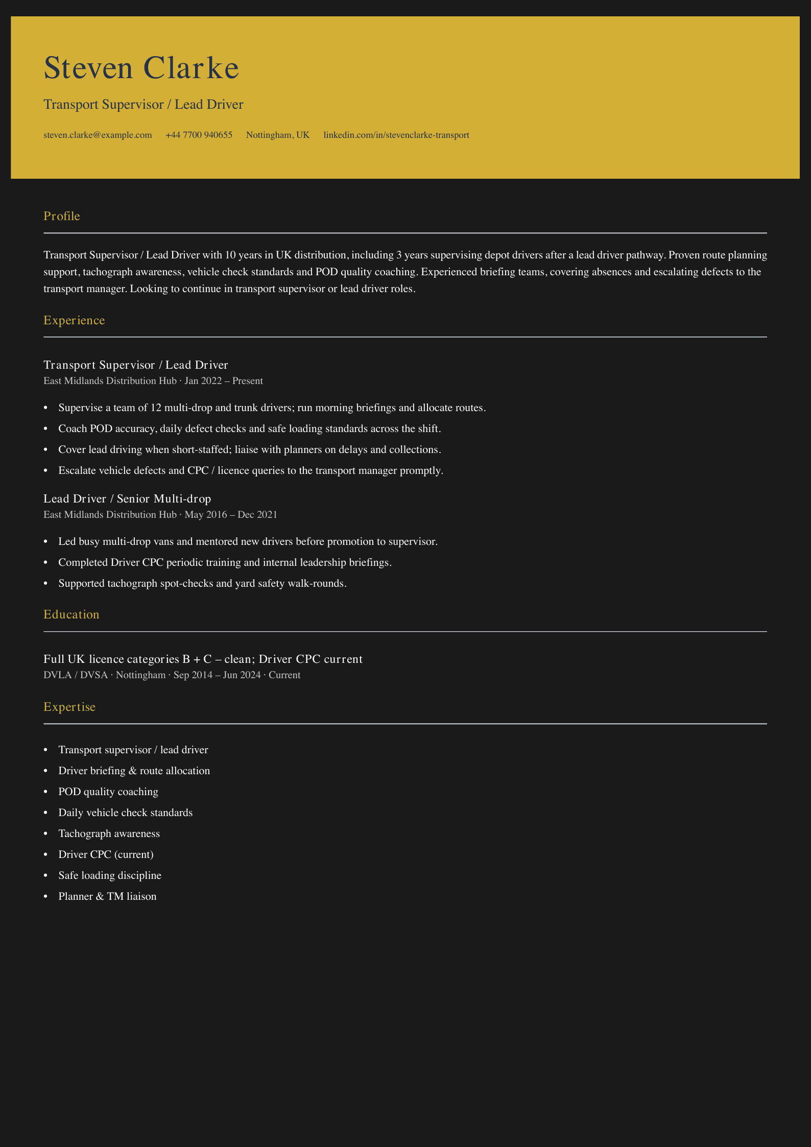 transport supervisor lead driver cv template