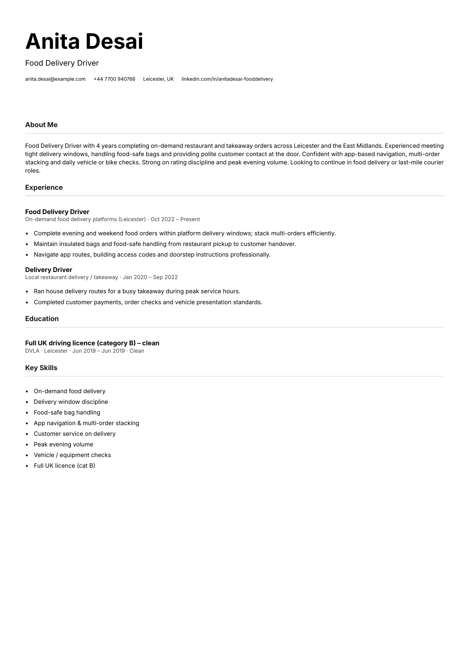 food delivery driver cv template