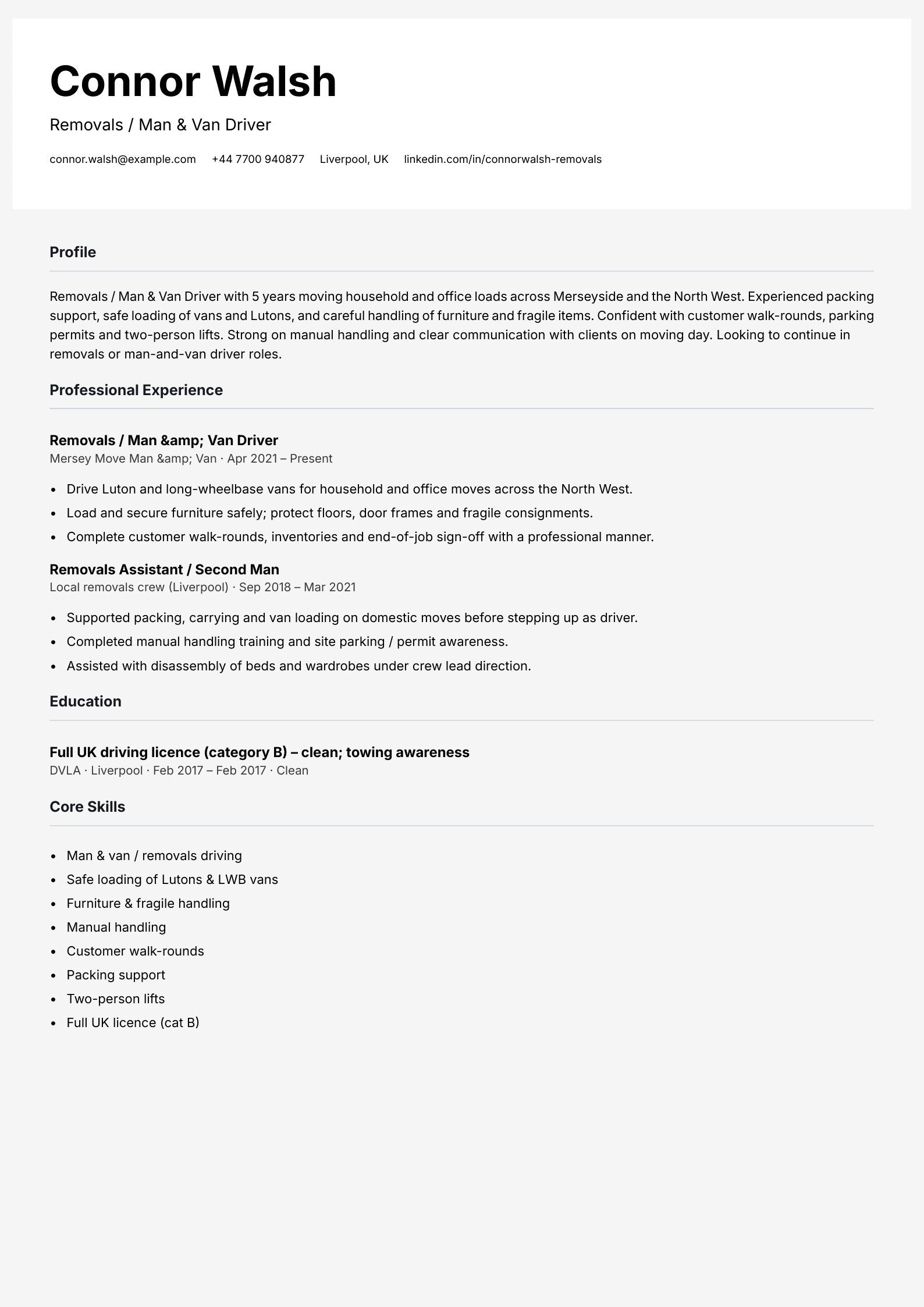 removals man and van driver cv template