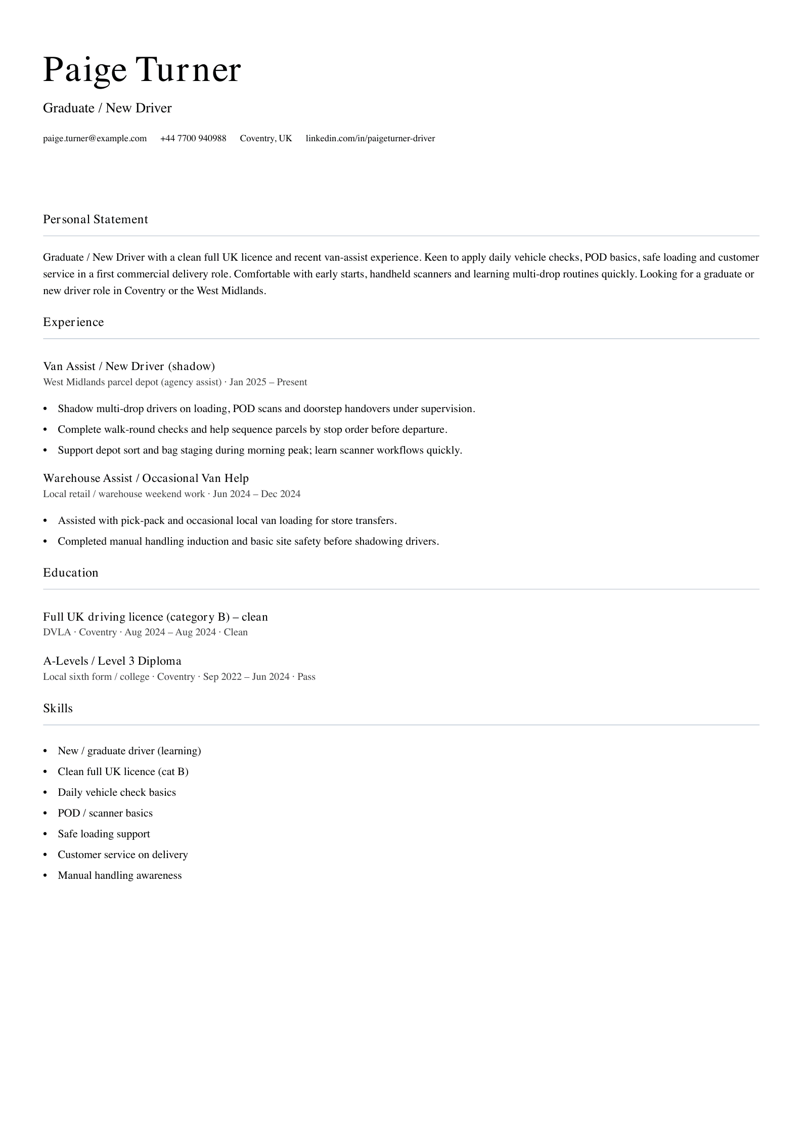 graduate new delivery driver cv template