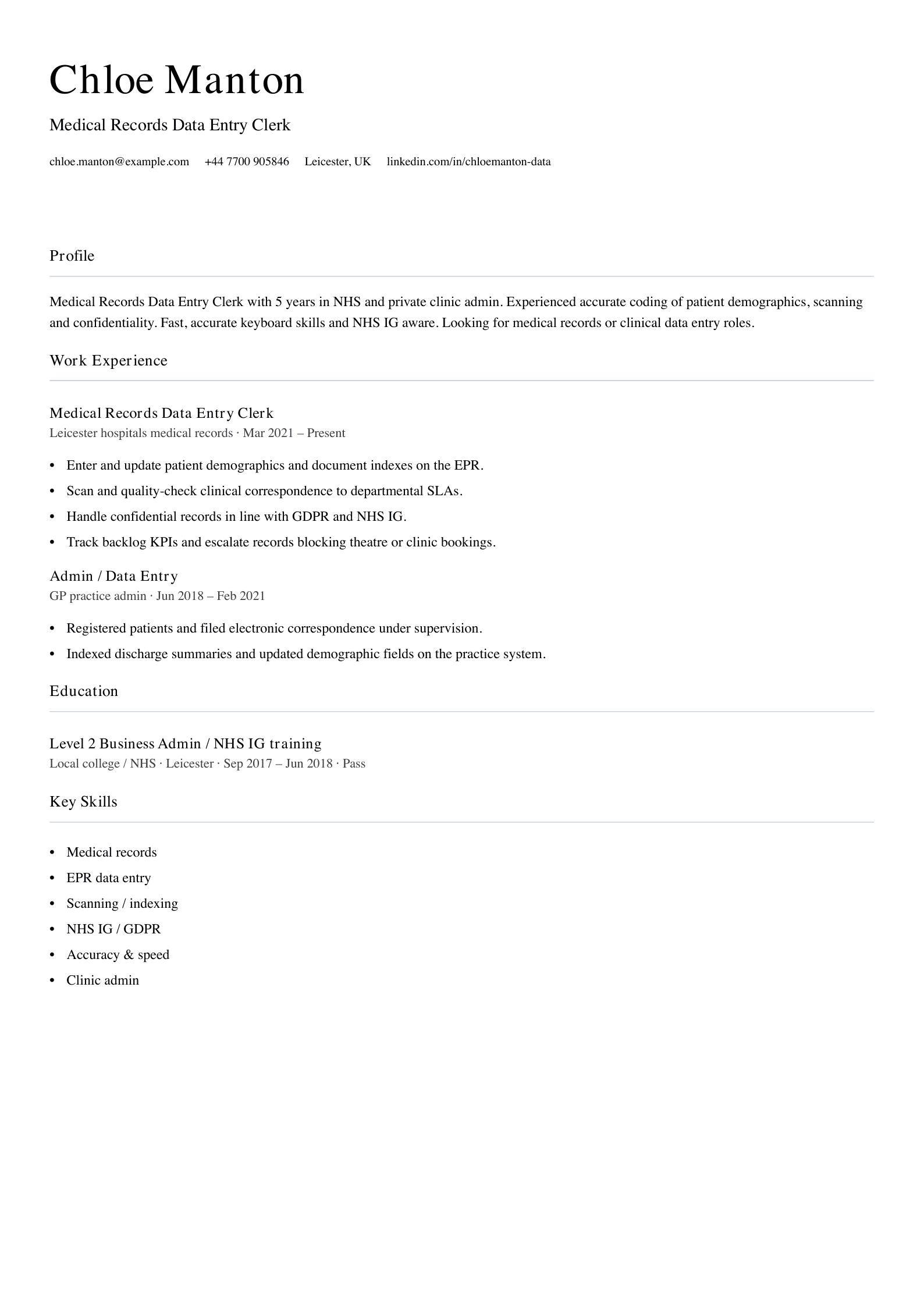 medical records data entry cv template