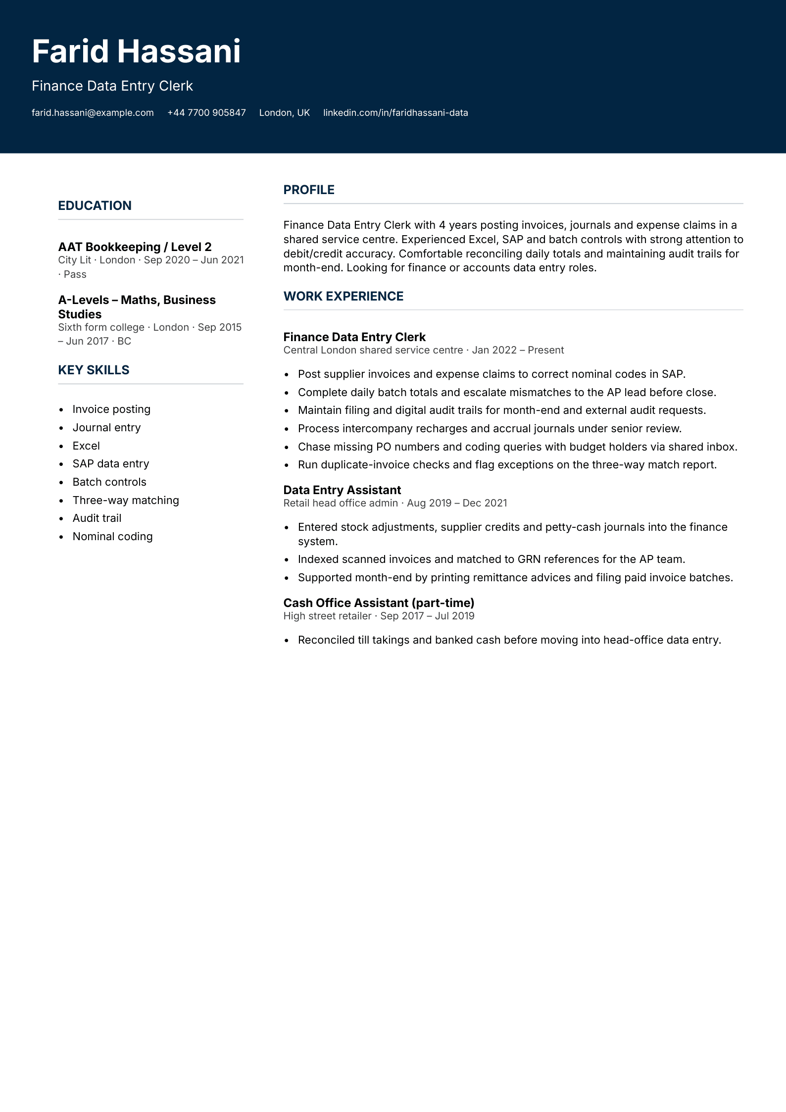 finance data entry cv template