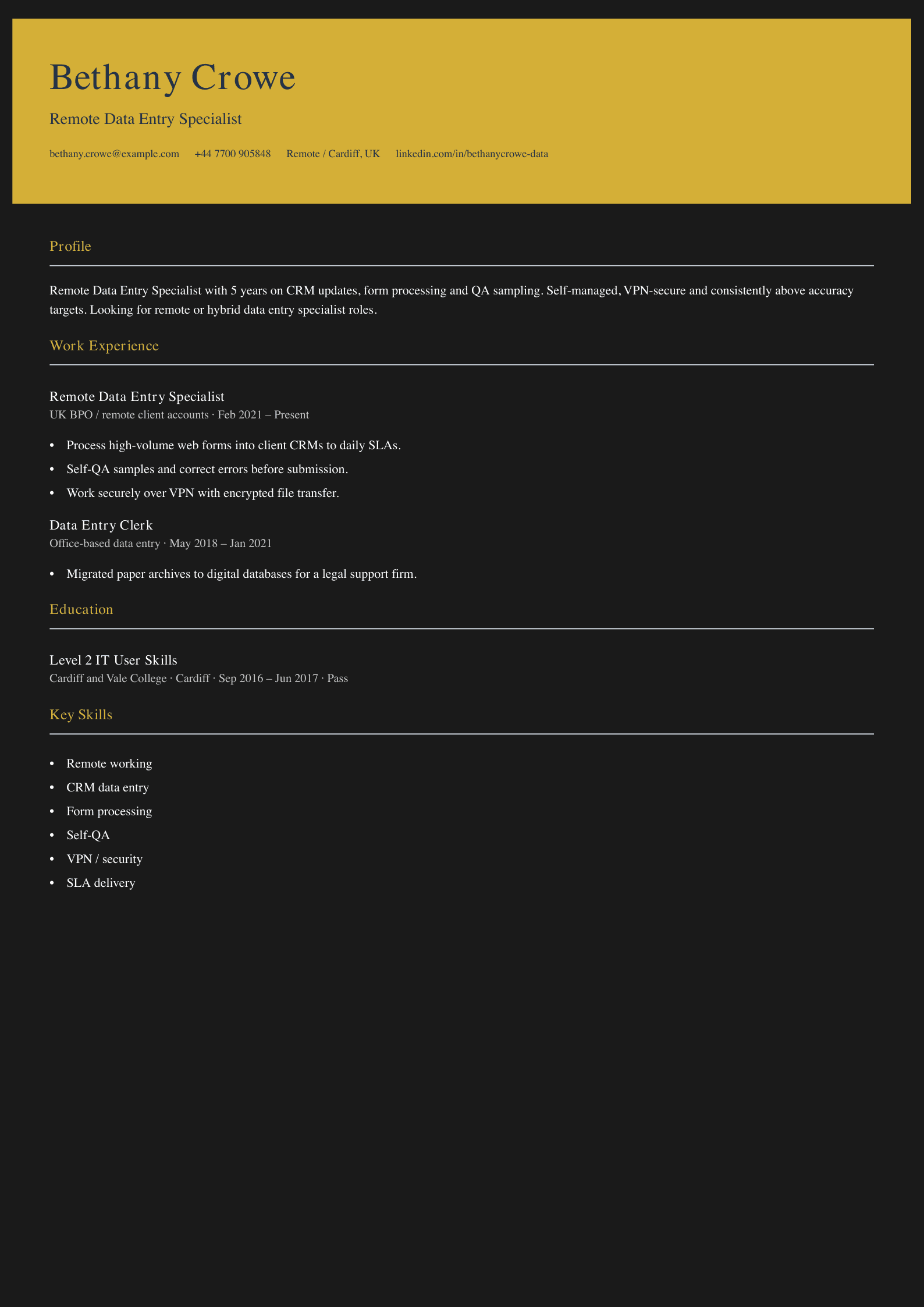 remote data entry specialist cv template