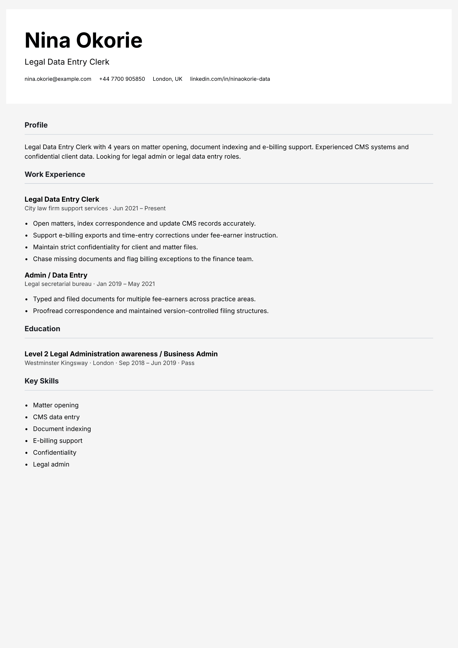 legal data entry clerk cv template