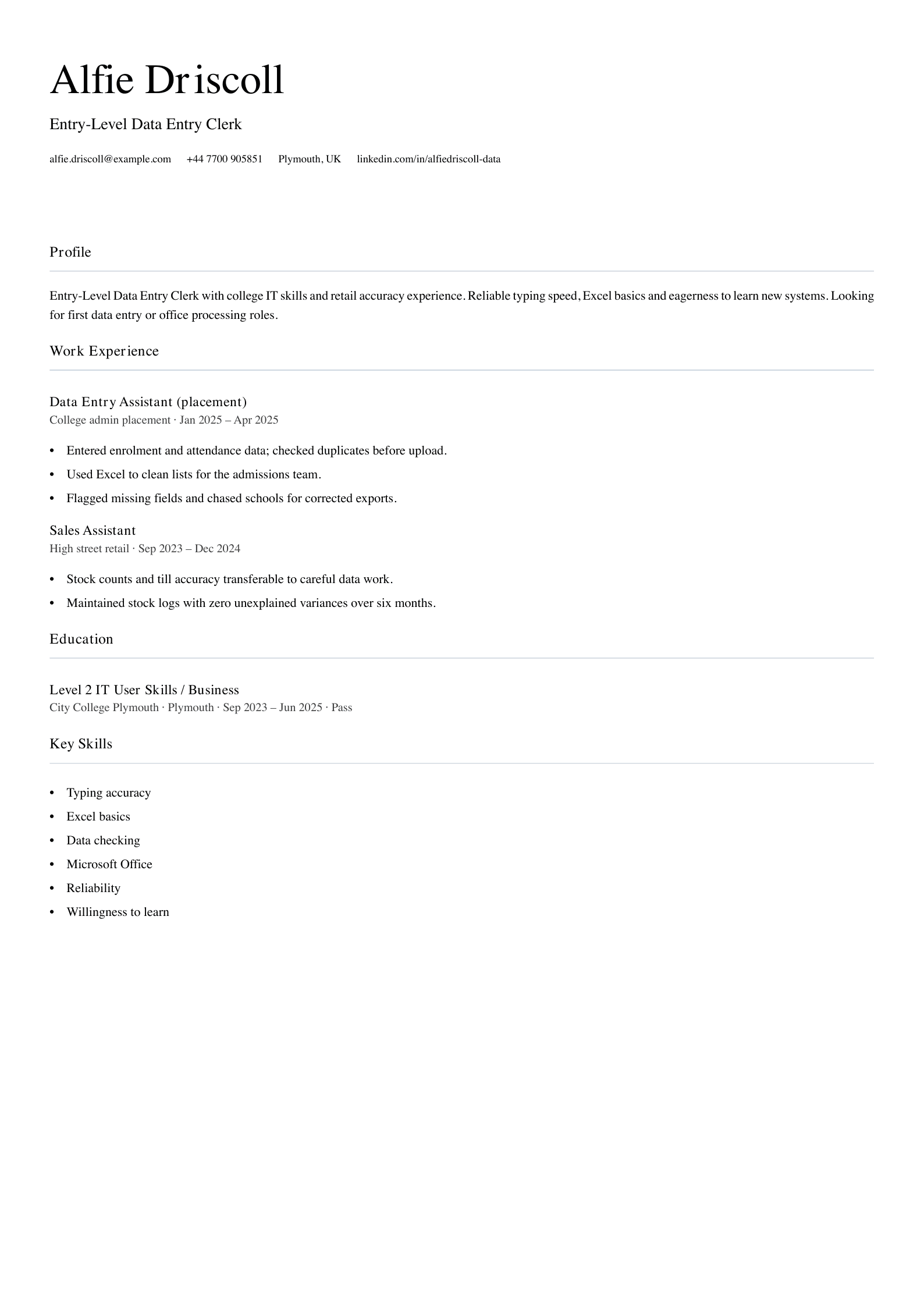 entry level data entry cv template
