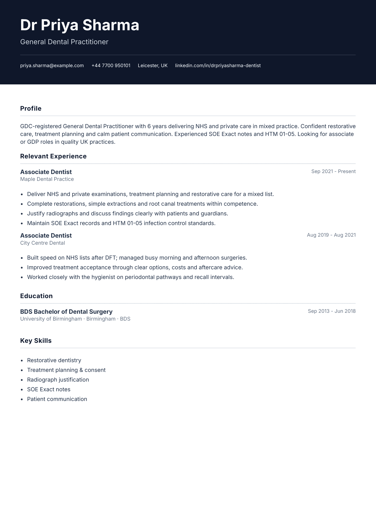 General dental practitioner CV template