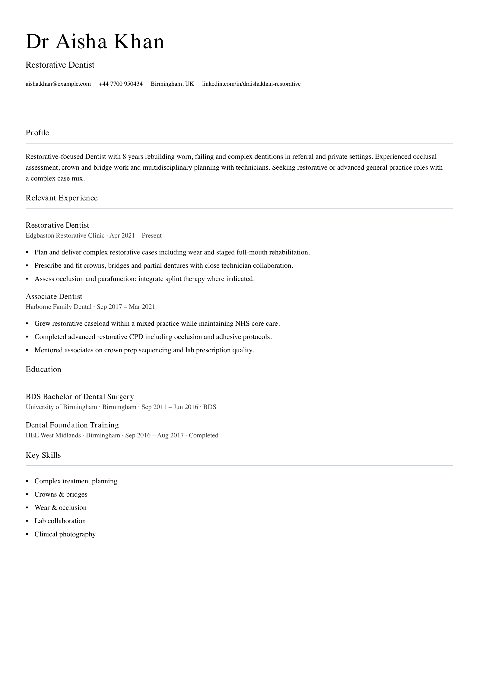 Restorative dentist CV template