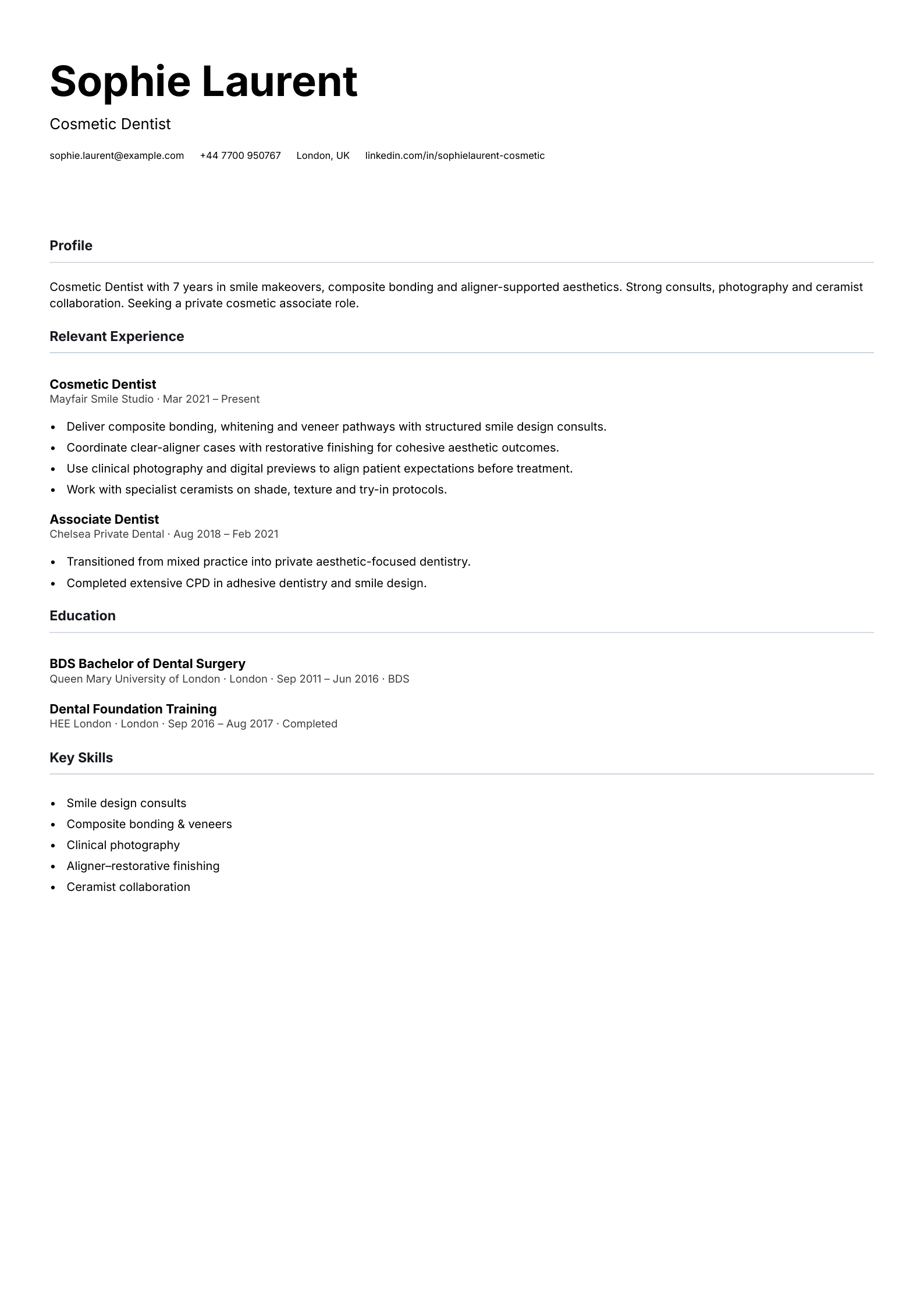 cosmetic dentist cv template