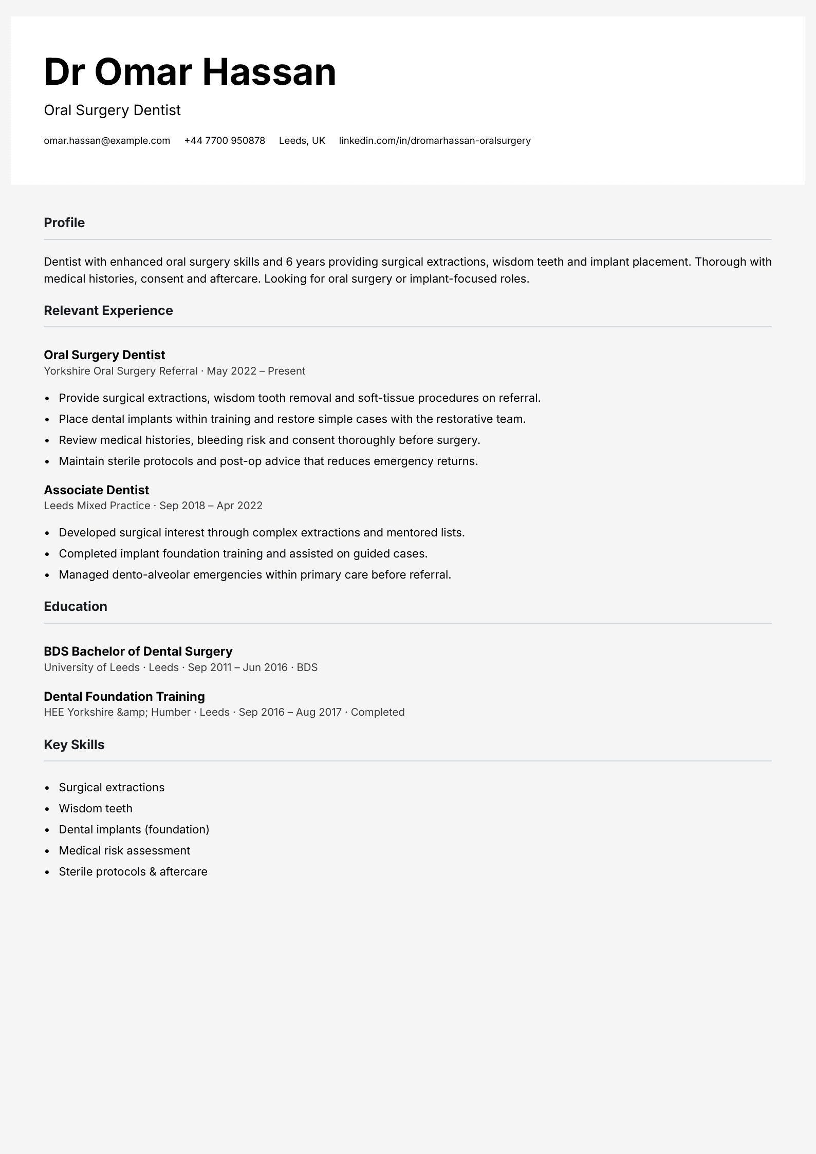 oral surgery dentist cv template